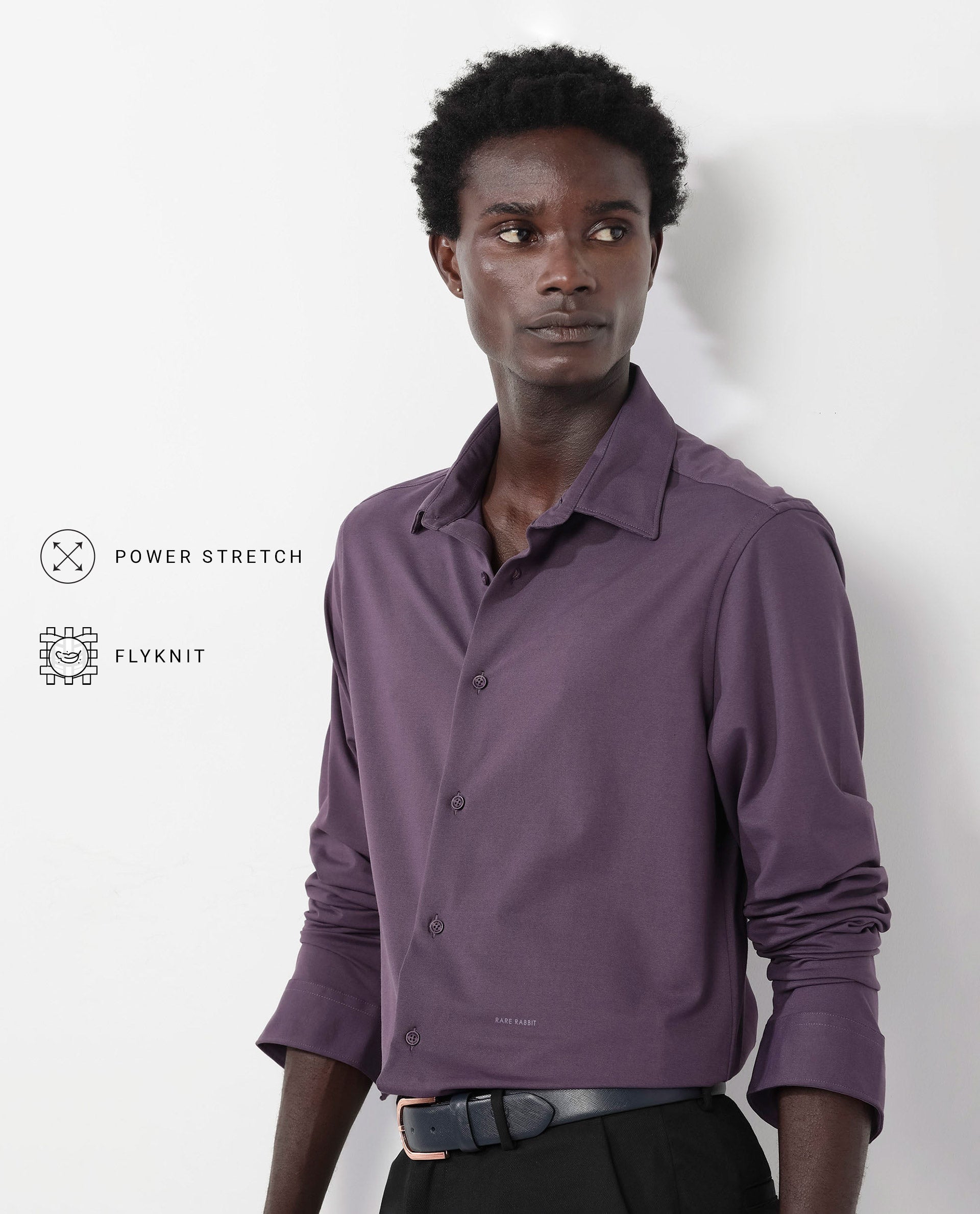 Rare Rabbit Men's Flyknit Dark Purple Cotton Polyester Fabric Full Sleeves Knitted Solid Shirt