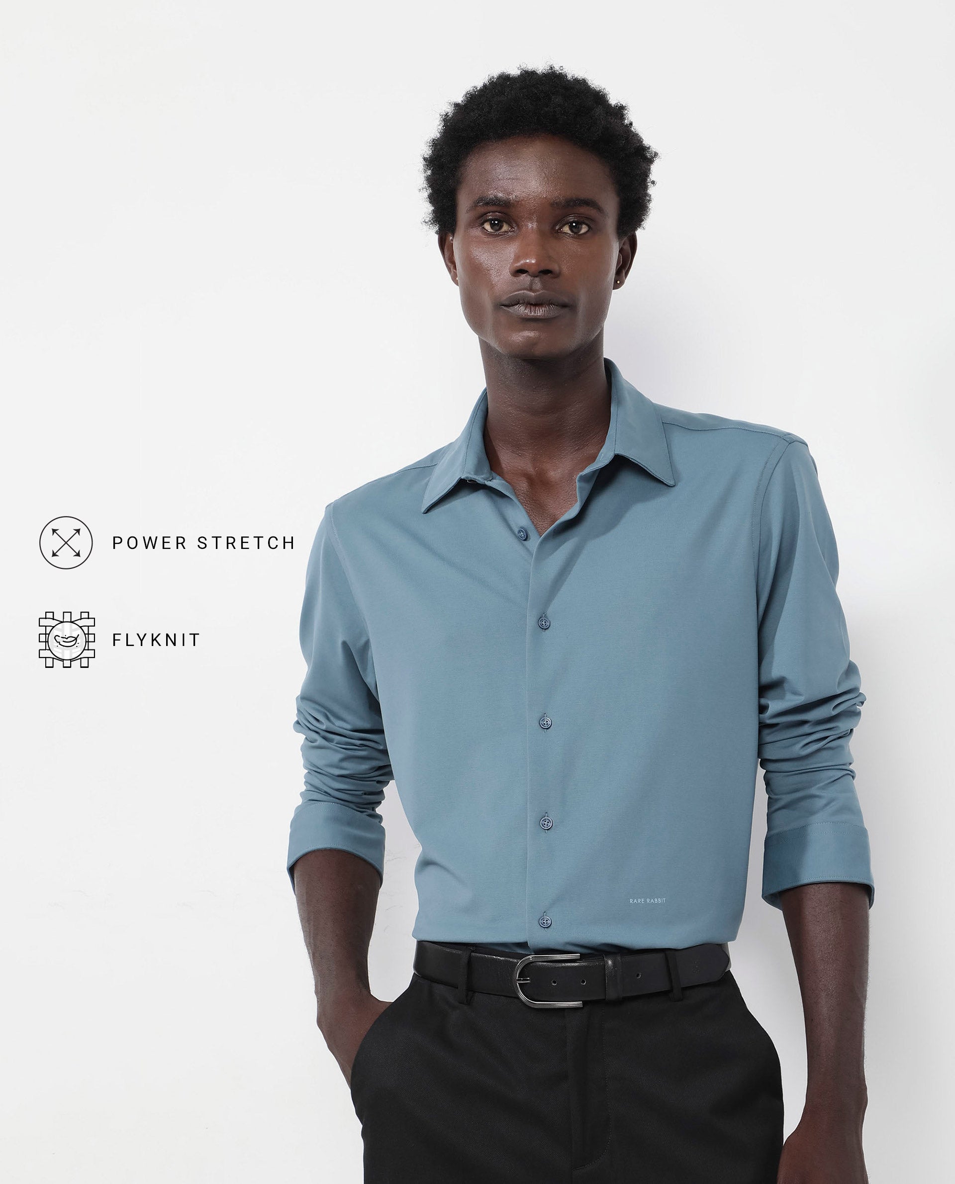 Rare Rabbit Men's Flyknit Dusky Teal Cotton Polyester Fabric Full Sleeves Knitted Solid Shirt