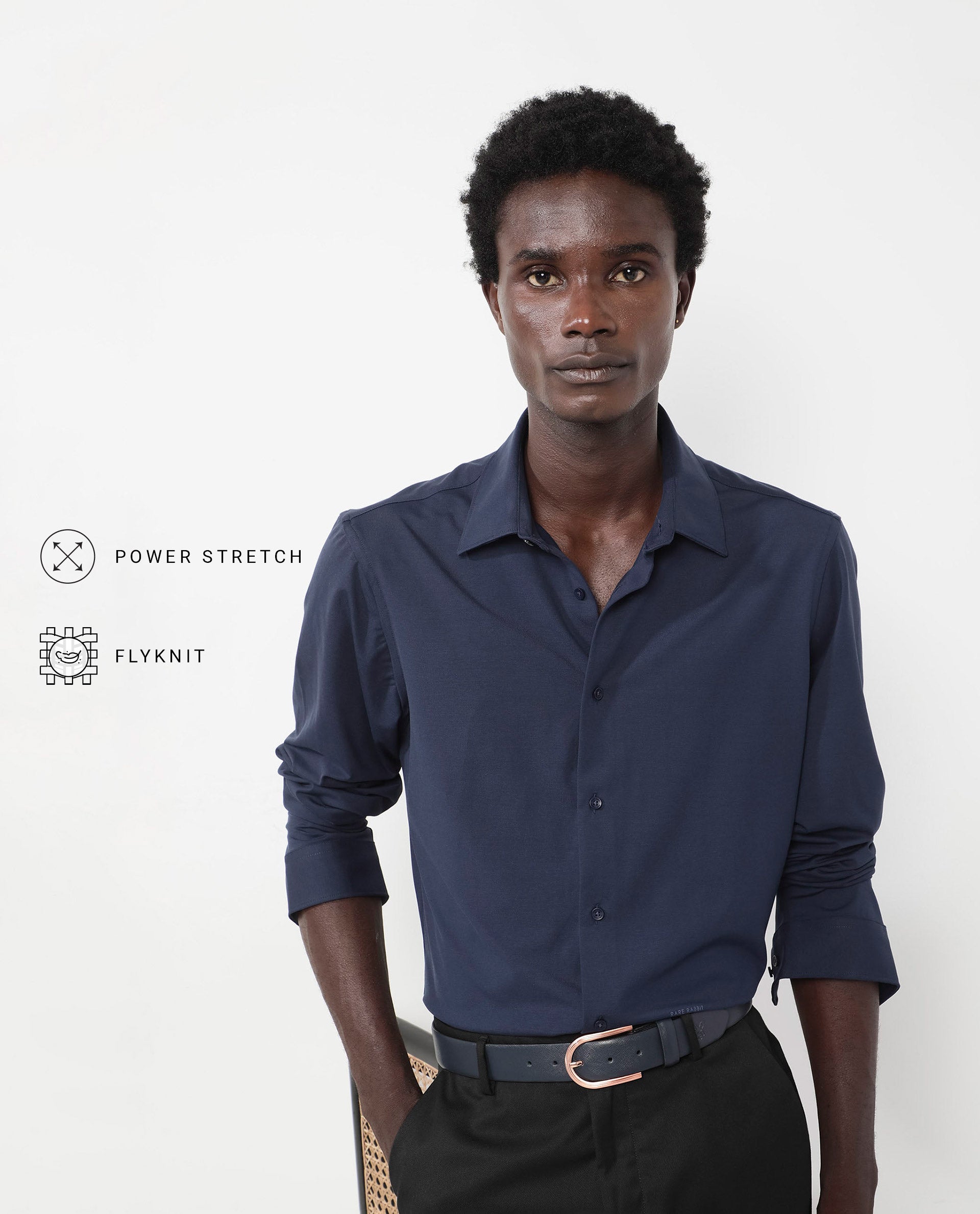 Rare Rabbit Men's Flyknit Navy Cotton Polyester Fabric Full Sleeves Knitted Solid Shirt