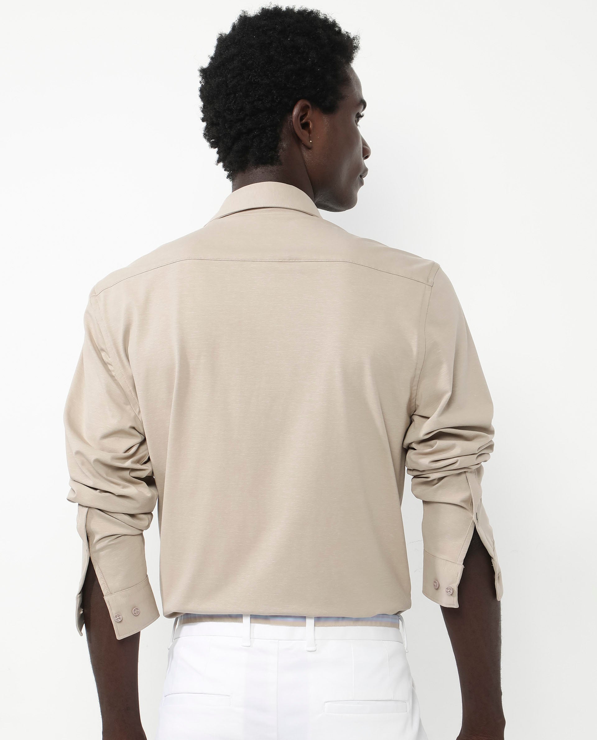 Rare Rabbit Men's Flyknit Beige Cotton Polyester Fabric Full Sleeves Knitted Solid Shirt