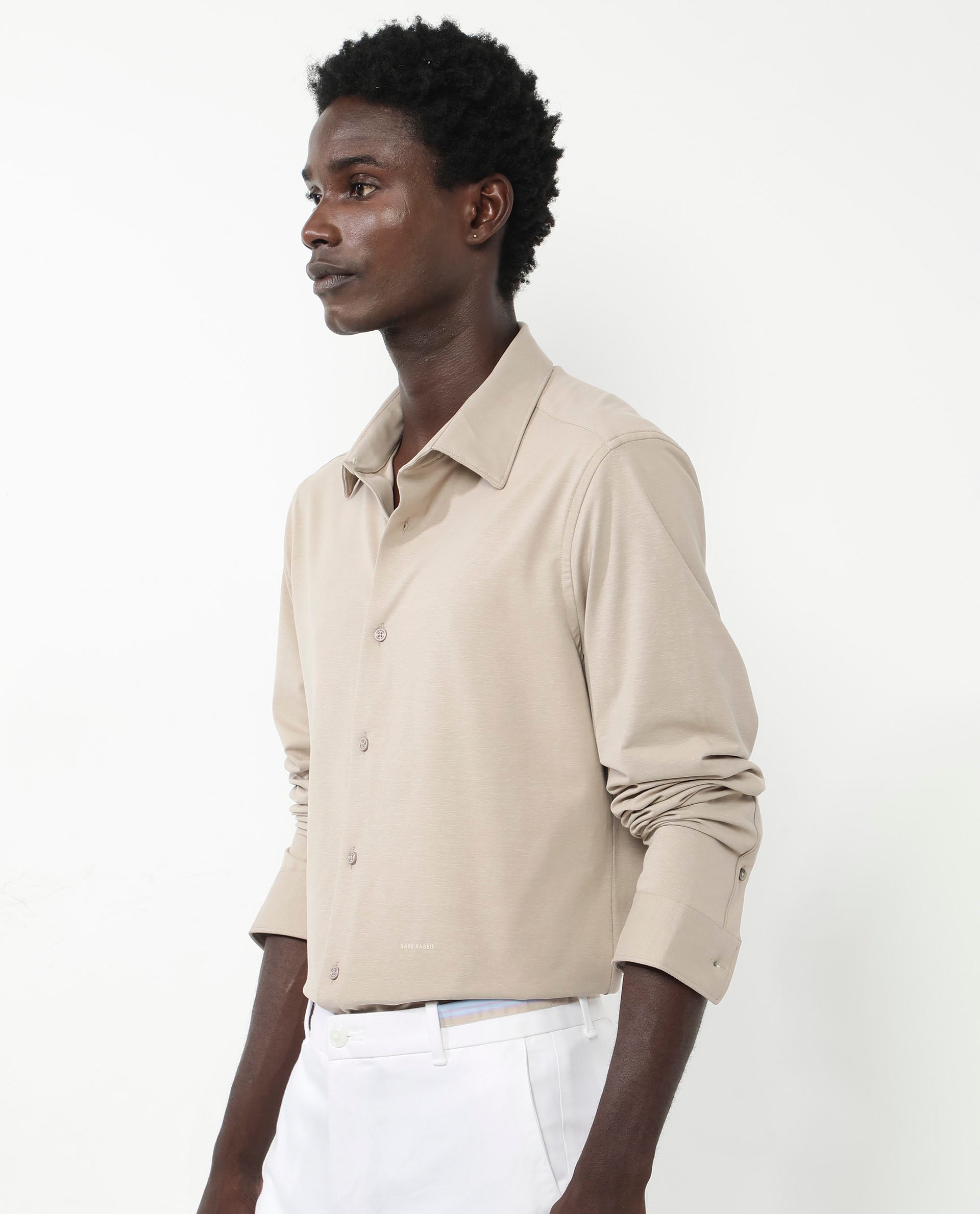 Rare Rabbit Men's Flyknit Beige Cotton Polyester Fabric Full Sleeves Knitted Solid Shirt