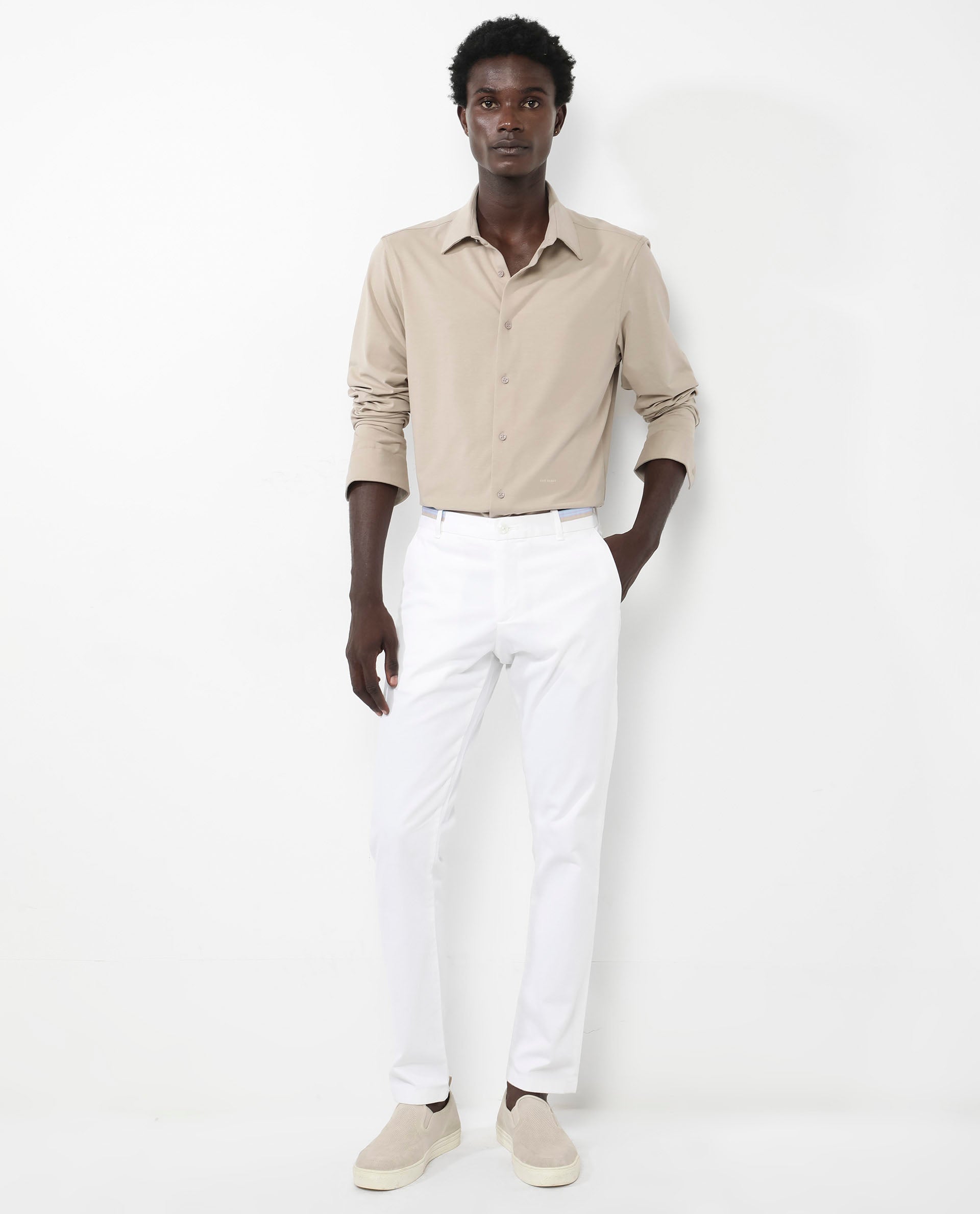 Rare Rabbit Men's Flyknit Beige Cotton Polyester Fabric Full Sleeves Knitted Solid Shirt