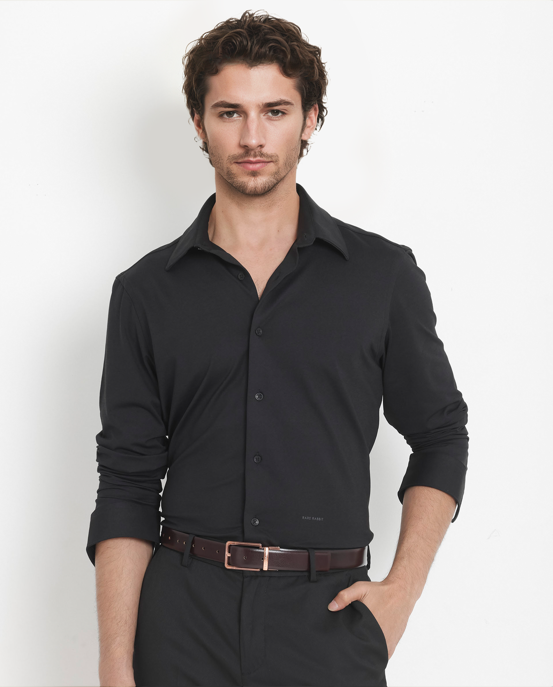 Rare Rabbit Men's Flyknit Black Cotton Polyester Fabric Full Sleeves Knitted Solid Shirt