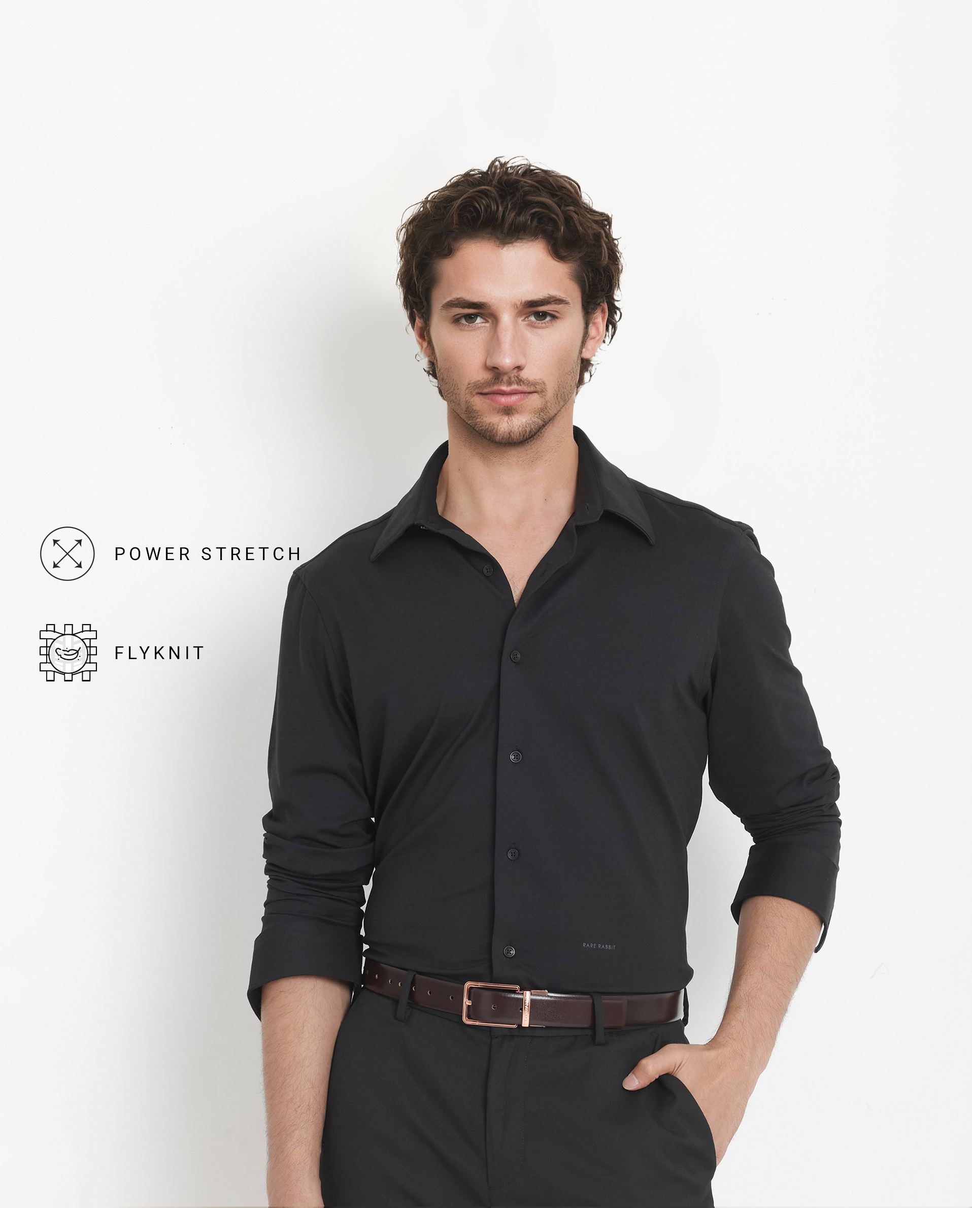 Rare Rabbit Men's Flyknit Black Cotton Polyester Fabric Full Sleeves Knitted Solid Shirt