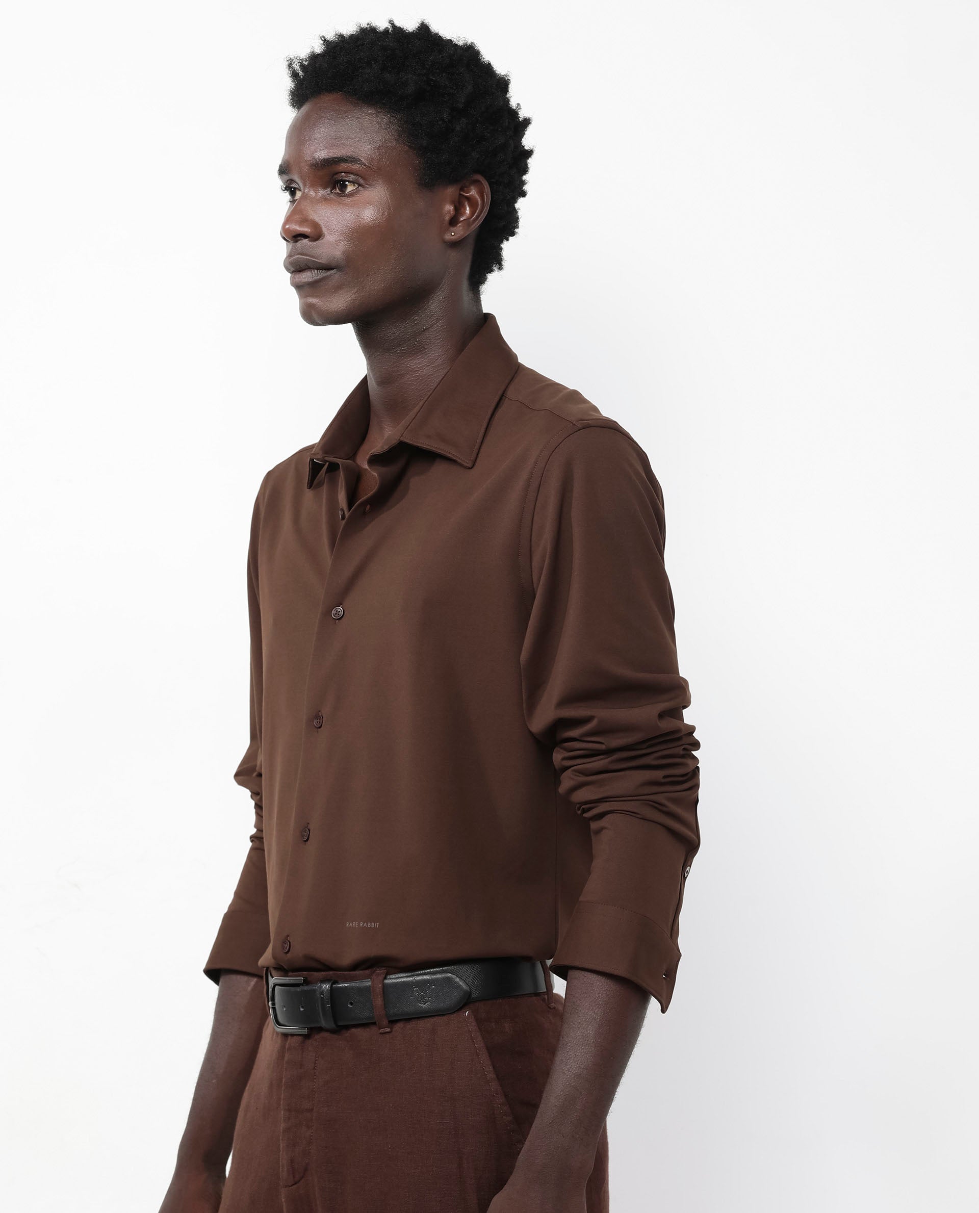 Rare Rabbit Men's Flyknit Brown Cotton Polyester Fabric Full Sleeves Knitted Solid Shirt