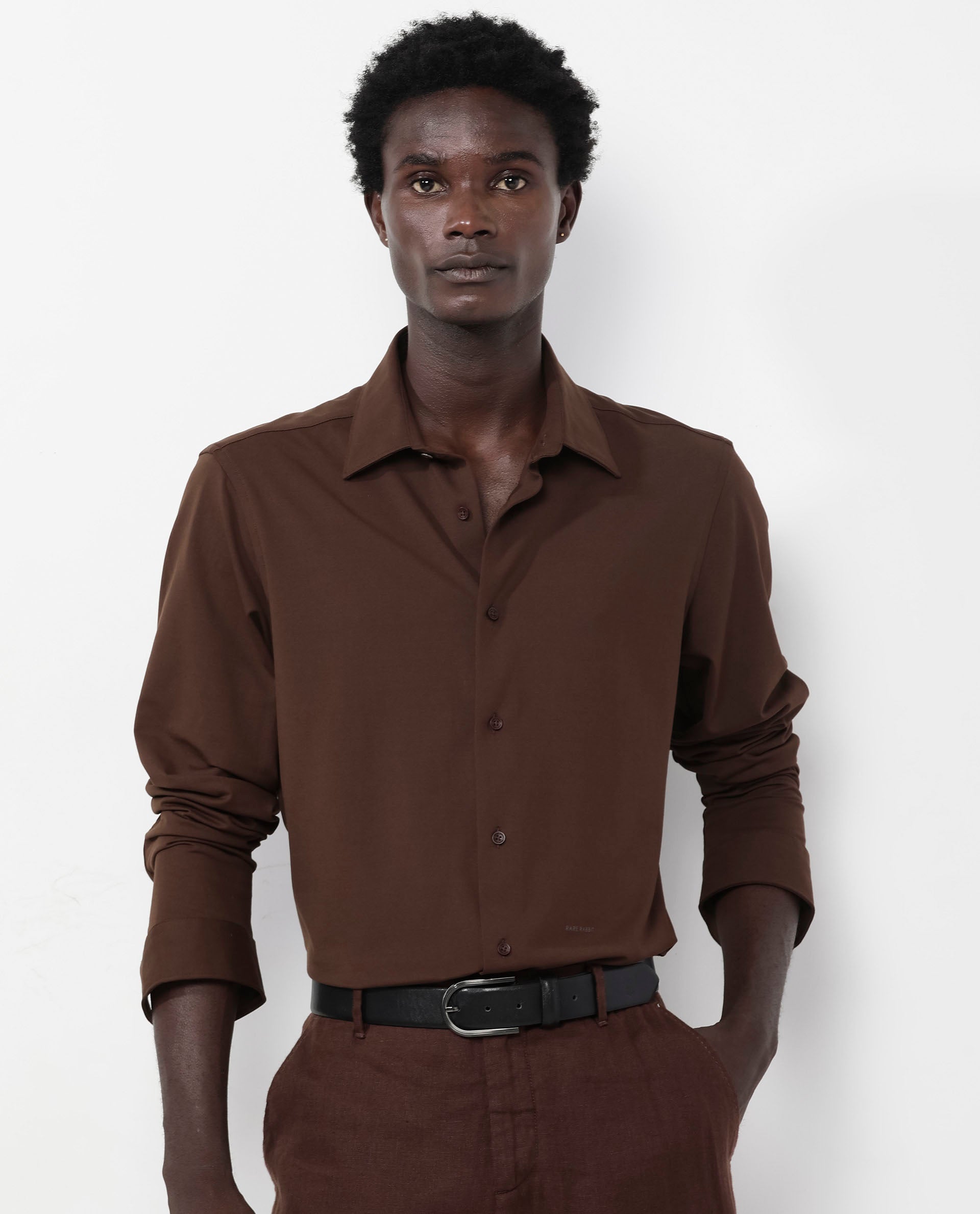 Rare Rabbit Men's Flyknit Brown Cotton Polyester Fabric Full Sleeves Knitted Solid Shirt