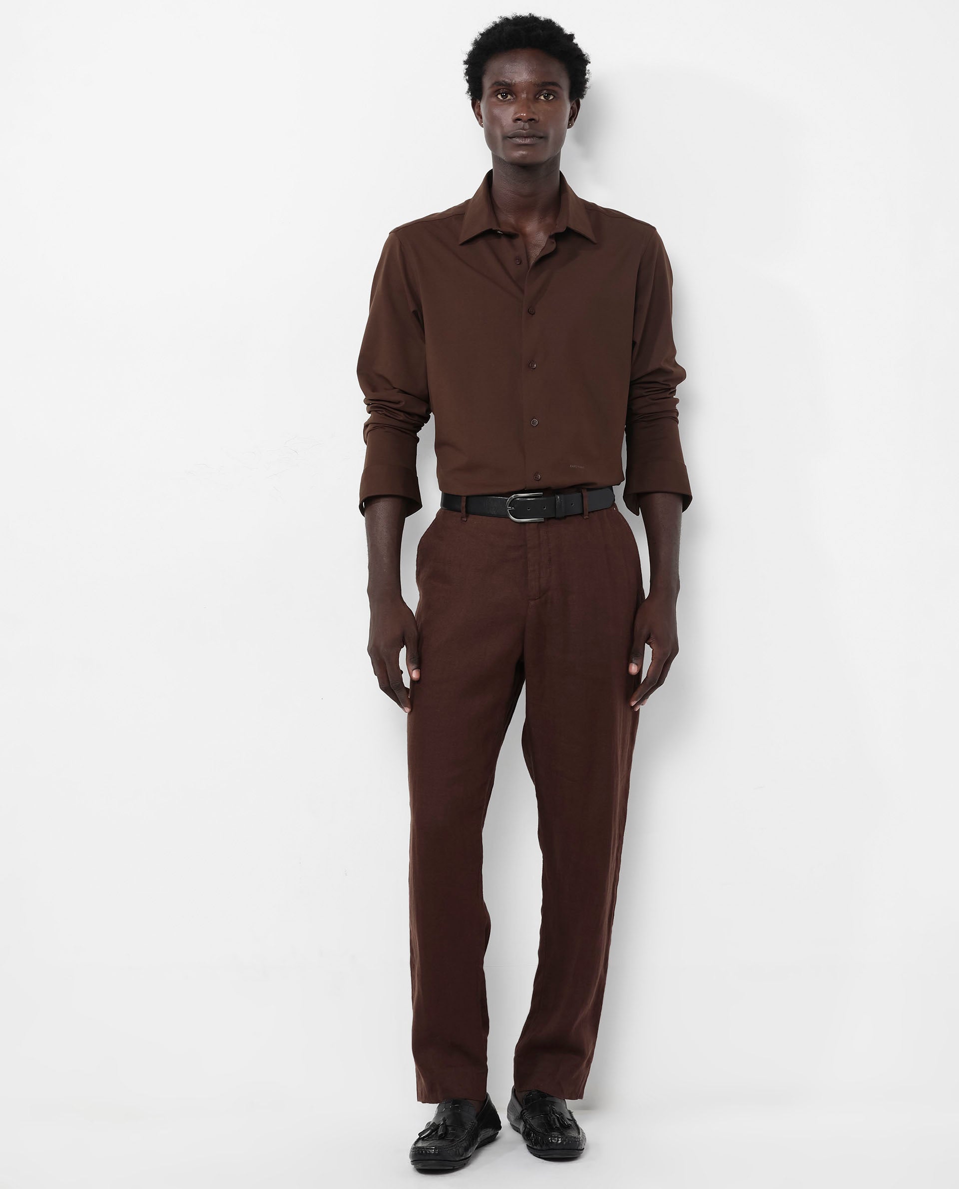 Rare Rabbit Men's Flyknit Brown Cotton Polyester Fabric Full Sleeves Knitted Solid Shirt