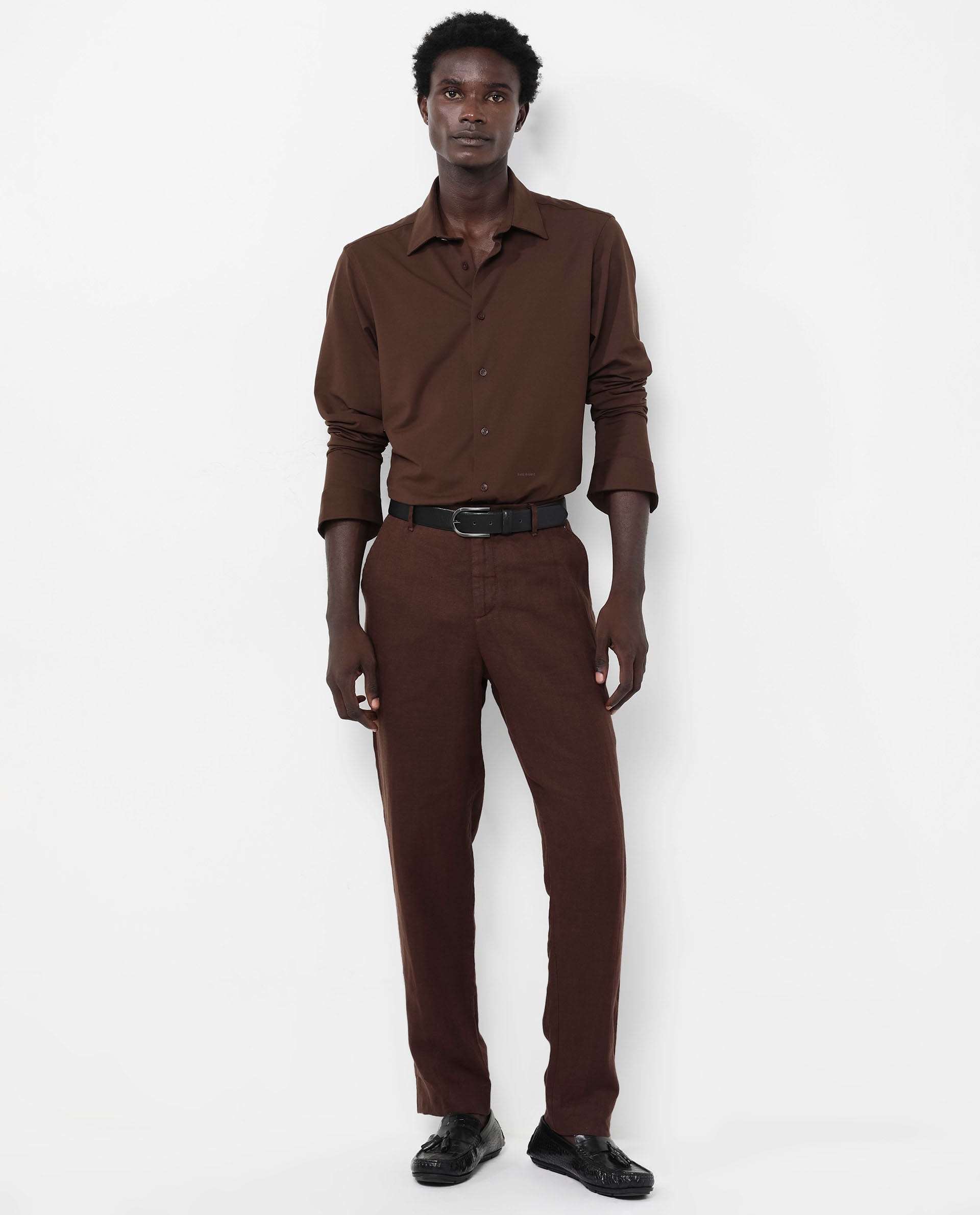 Rare Rabbit Men's Flyknit Brown Cotton Polyester Fabric Full Sleeves Knitted Solid Shirt