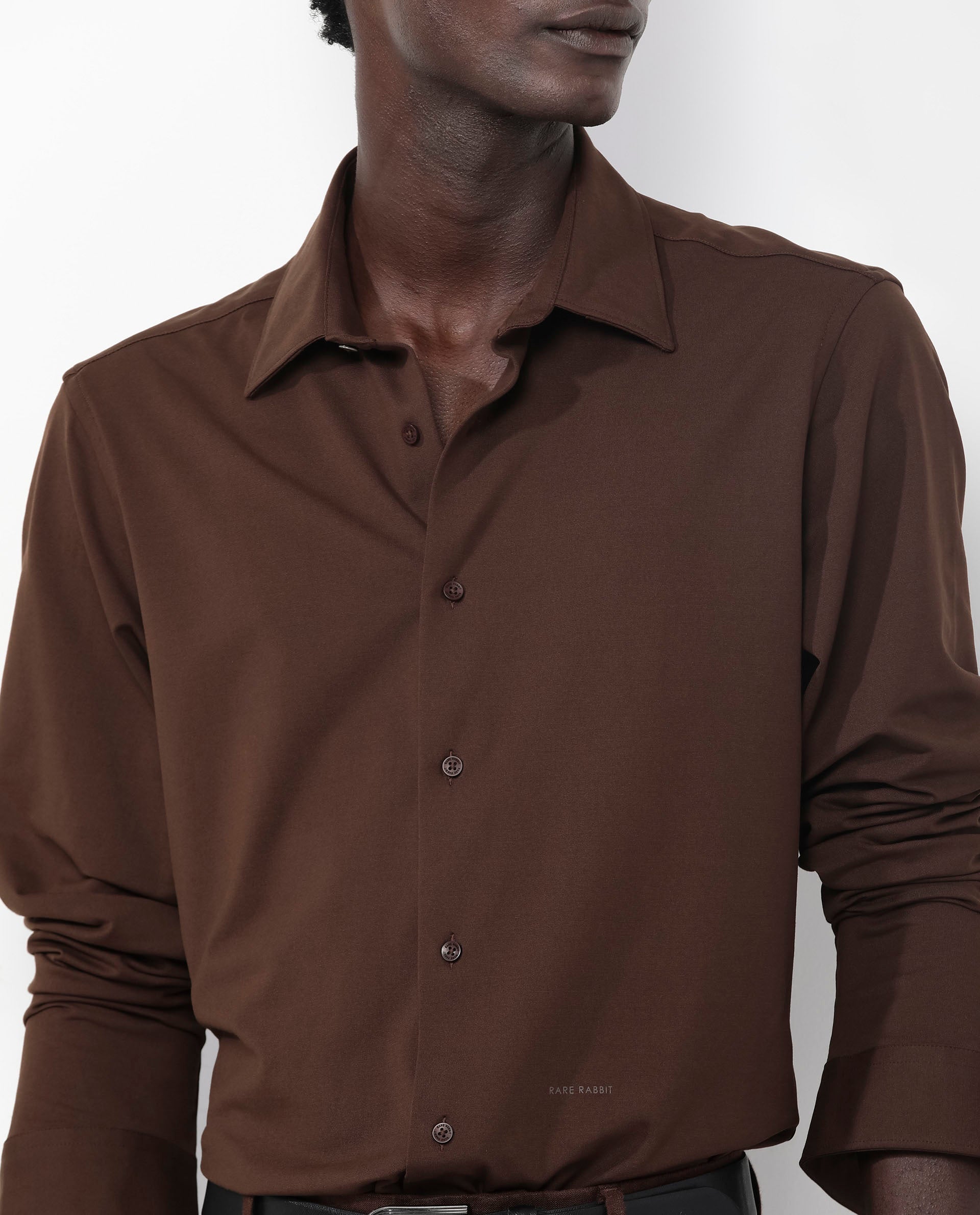 Rare Rabbit Men's Flyknit Brown Cotton Polyester Fabric Full Sleeves Knitted Solid Shirt