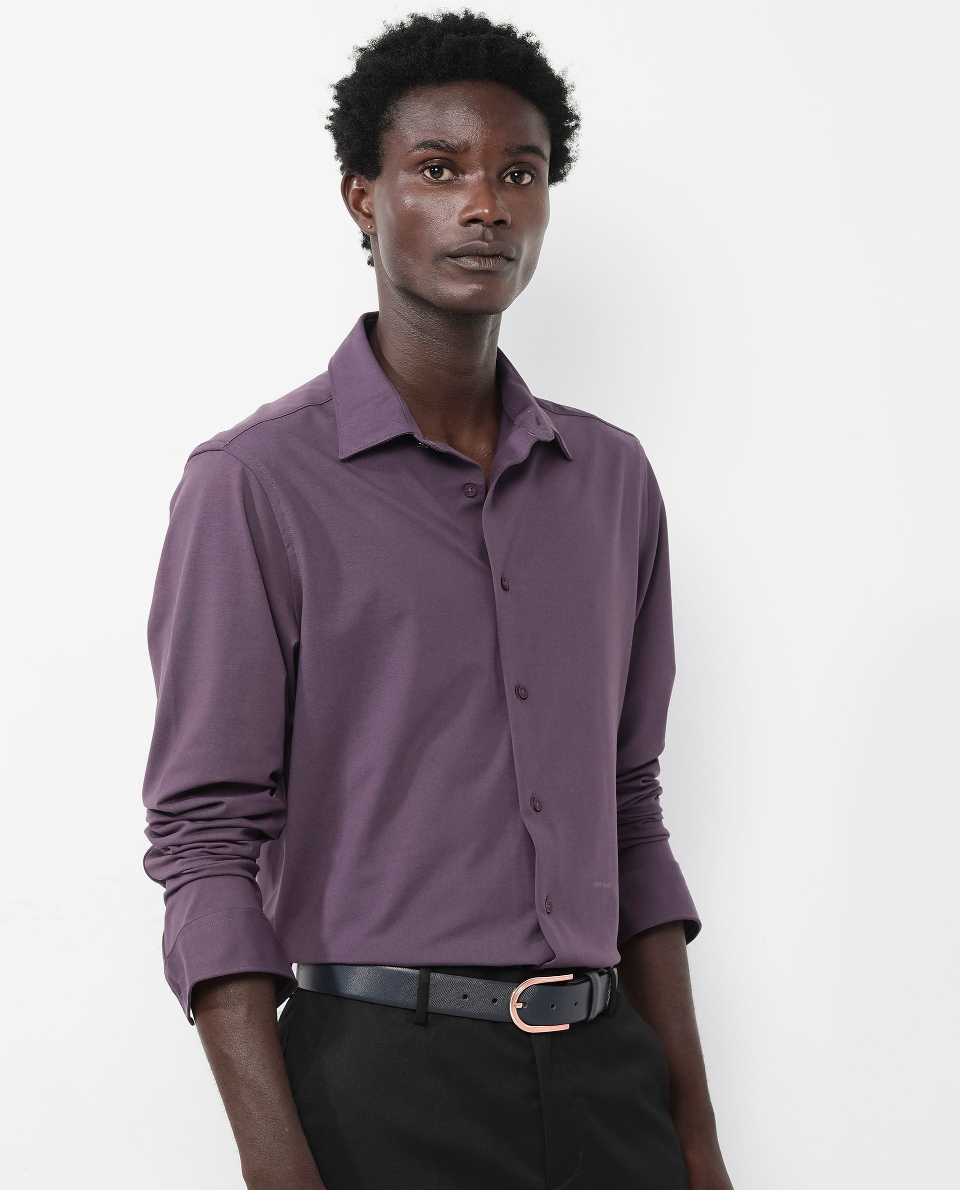 Rare Rabbit Men's Flyknit Dark Purple Cotton Polyester Fabric Full Sleeves Knitted Solid Shirt