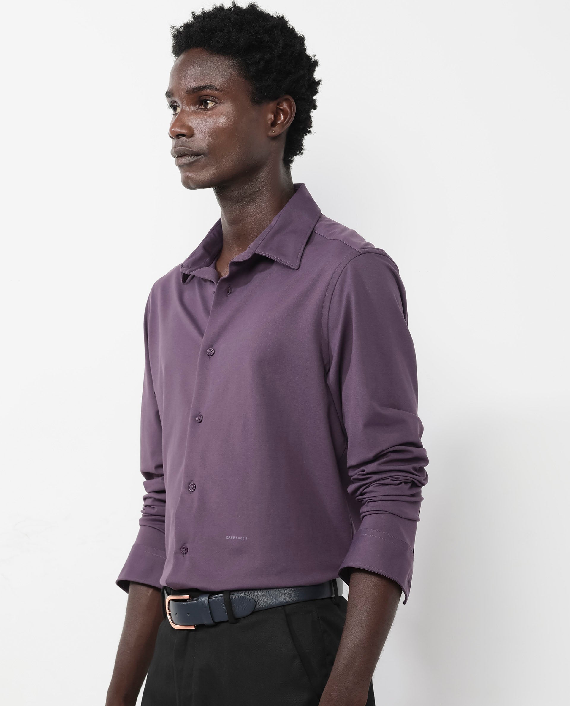 Rare Rabbit Men's Flyknit Dark Purple Cotton Polyester Fabric Full Sleeves Knitted Solid Shirt