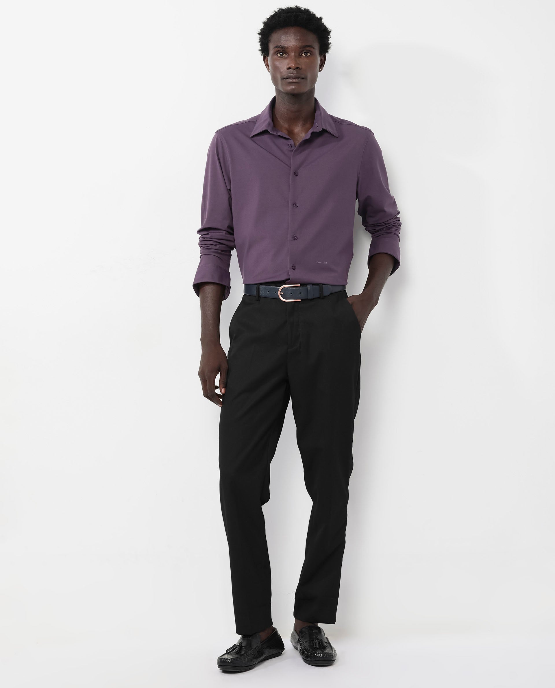 Rare Rabbit Men's Flyknit Dark Purple Cotton Polyester Fabric Full Sleeves Knitted Solid Shirt