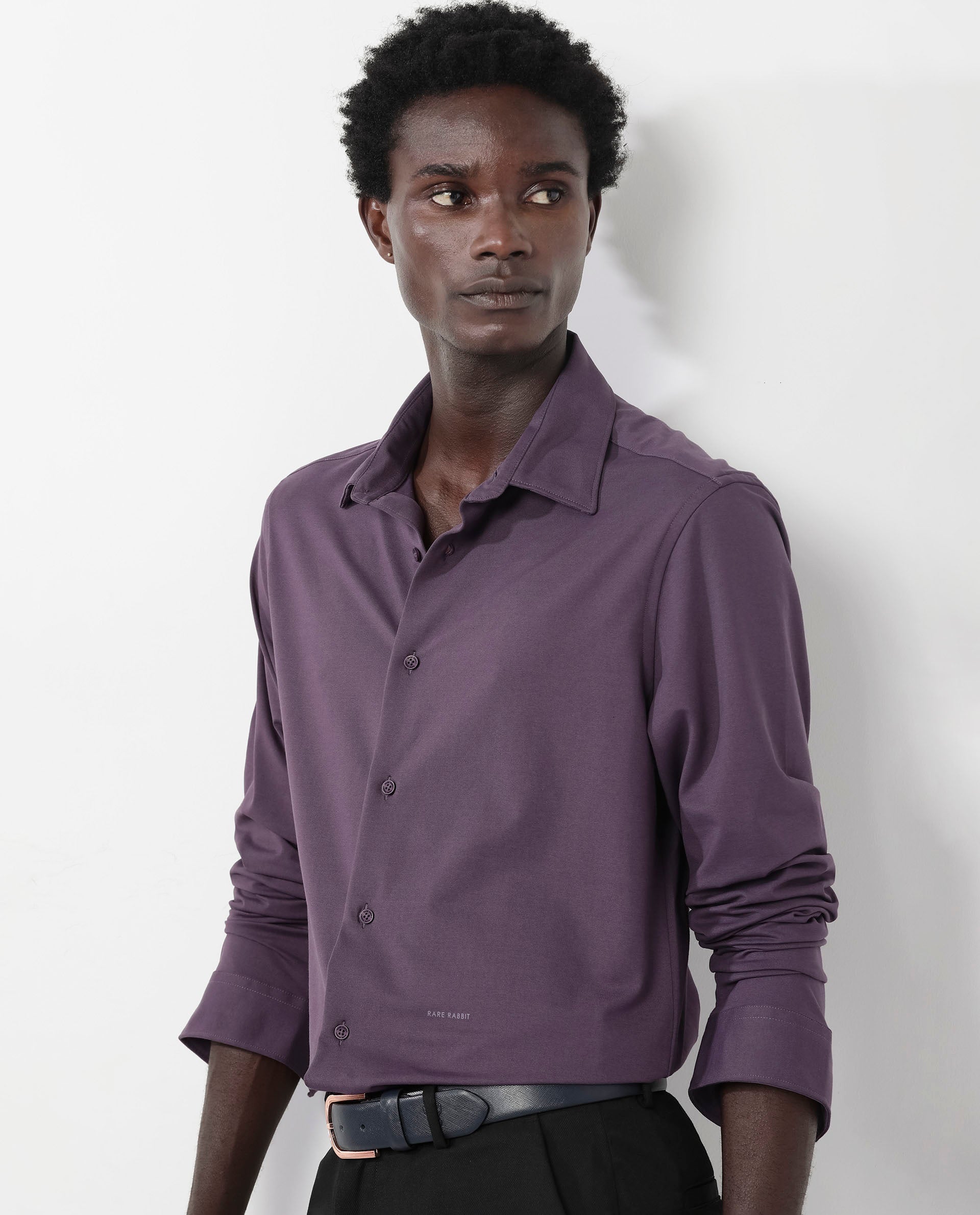 Rare Rabbit Men's Flyknit Dark Purple Cotton Polyester Fabric Full Sleeves Knitted Solid Shirt