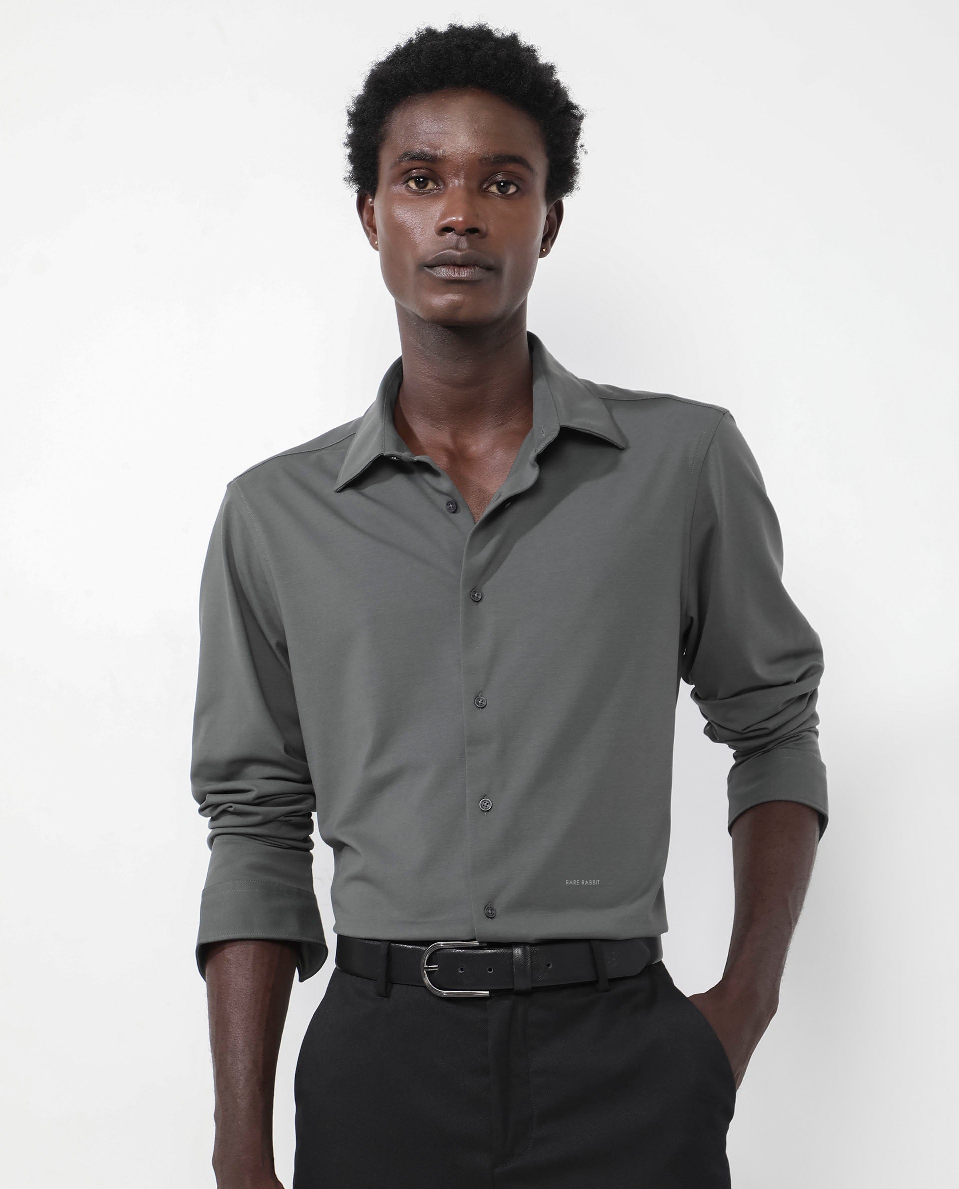 Rare Rabbit Men's Flyknit Dusky Green Cotton Polyester Fabric Full Sleeves Knitted Solid Shirt