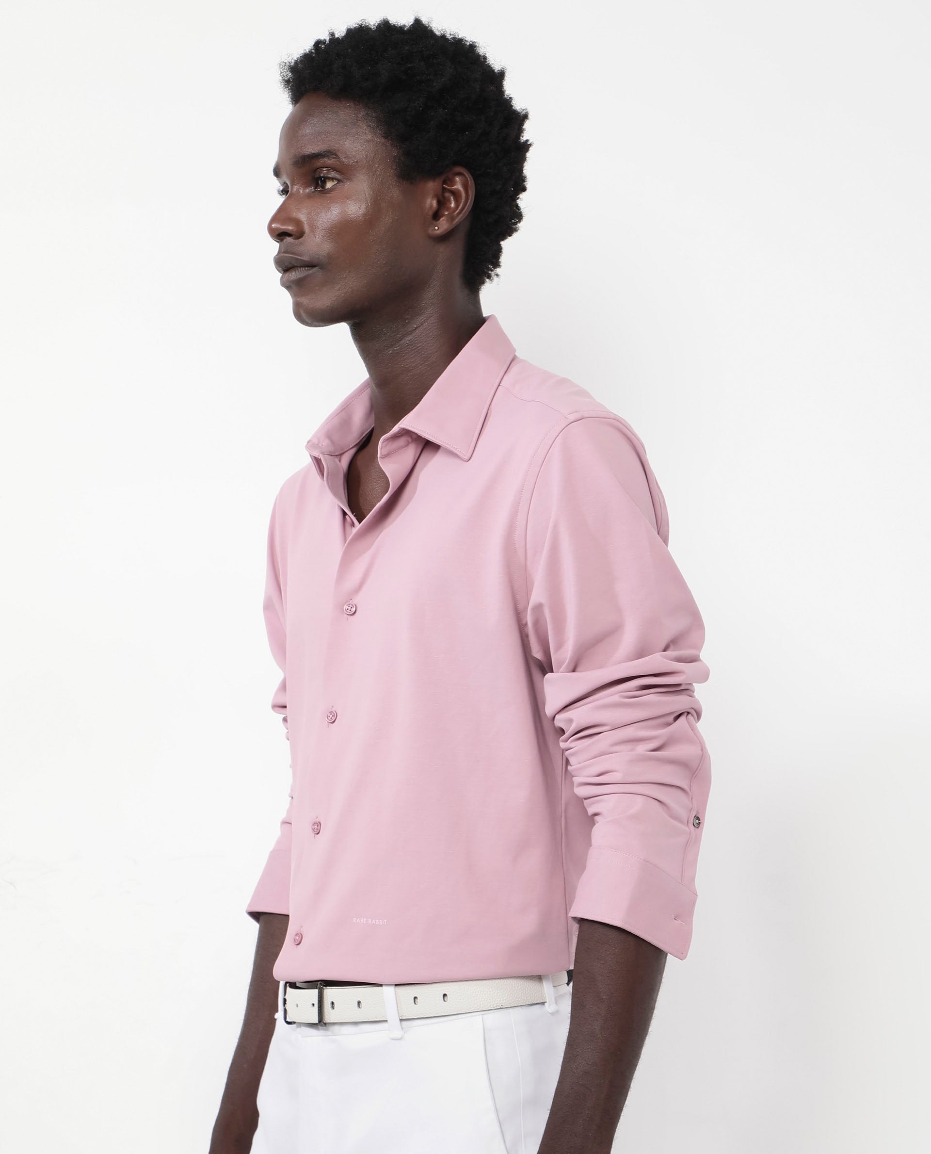 Rare Rabbit Men's Flyknit Dusky Pink Cotton Polyester Fabric Full Sleeves Knitted Solid Shirt