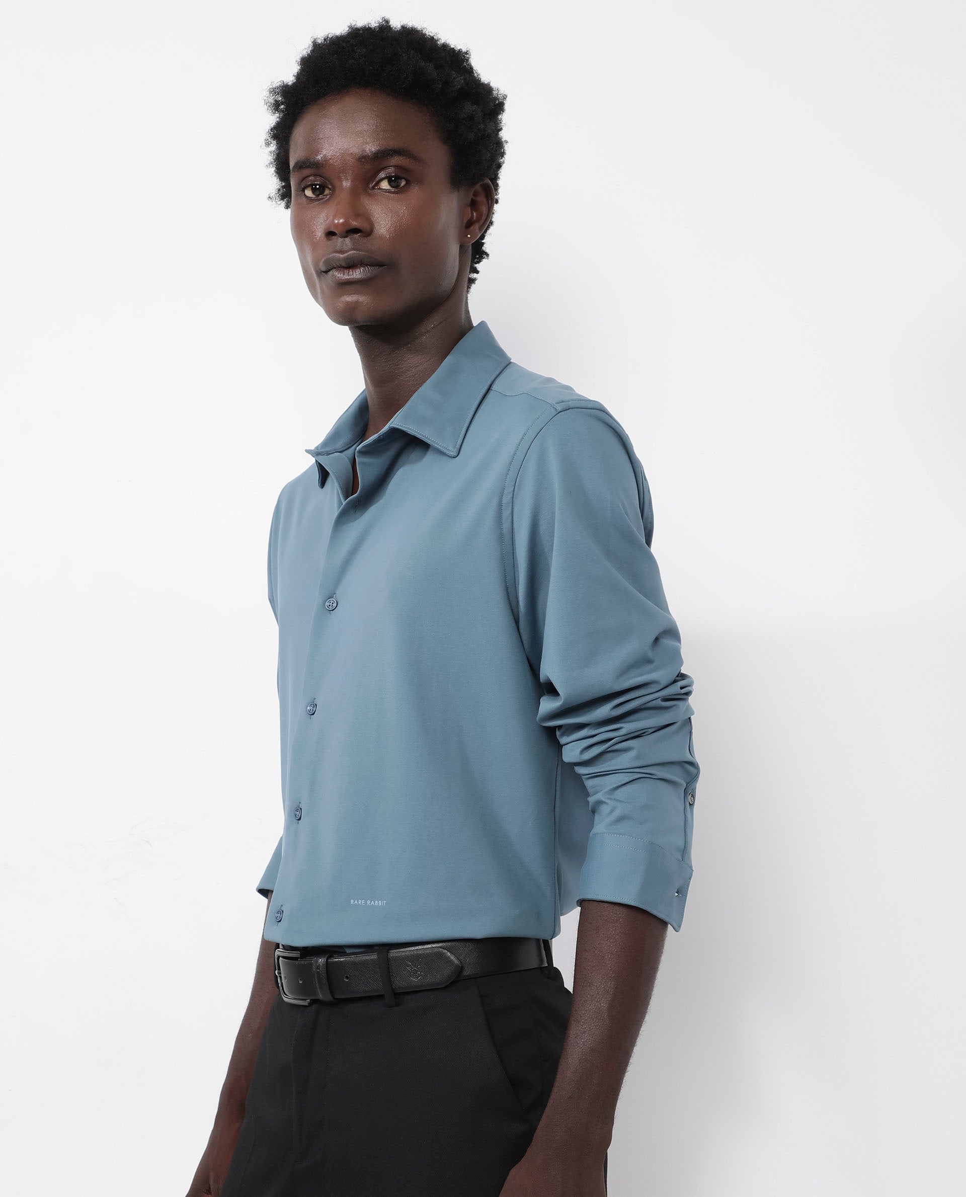 Rare Rabbit Men's Flyknit Dusky Teal Cotton Polyester Fabric Full Sleeves Knitted Solid Shirt