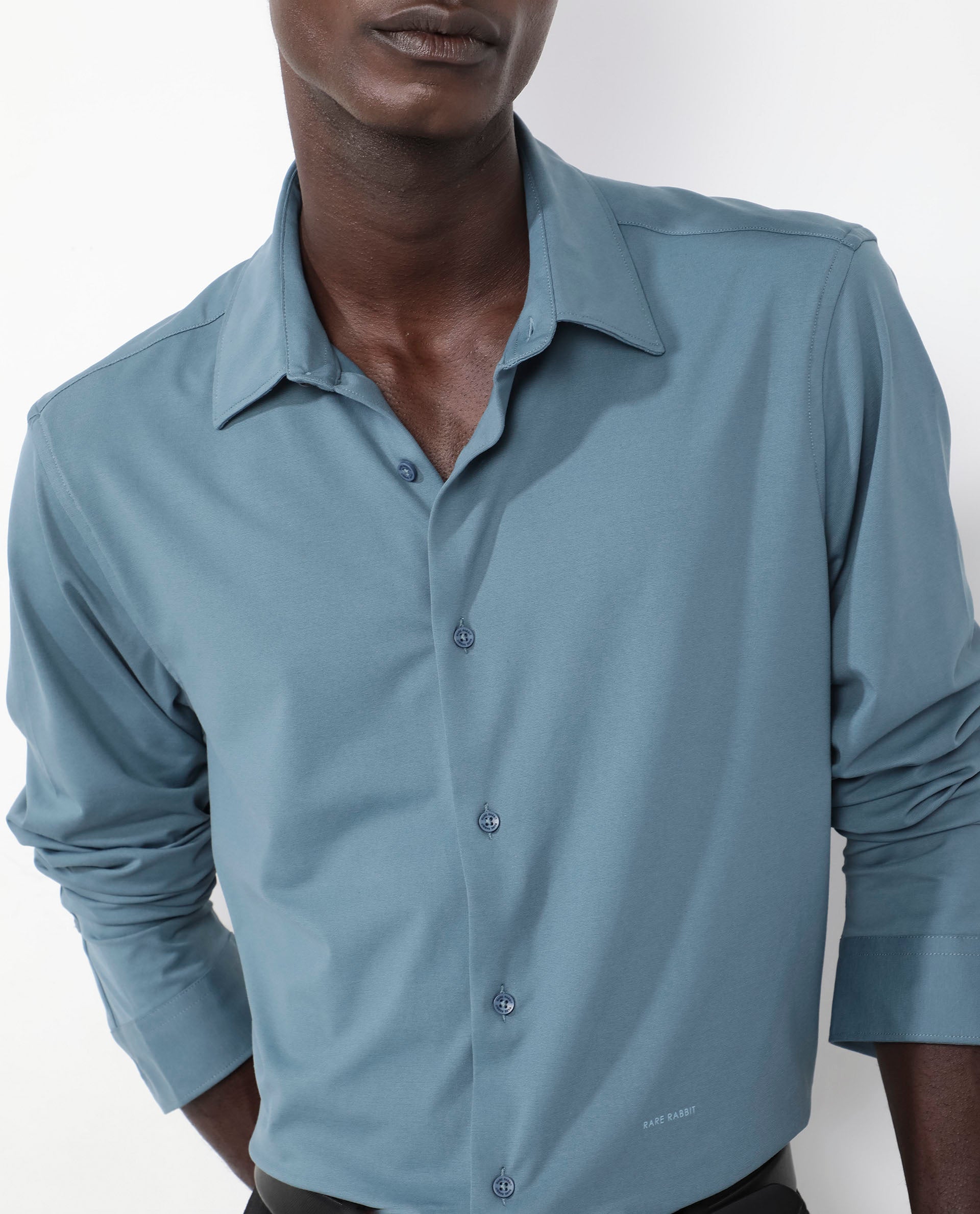 Rare Rabbit Men's Flyknit Dusky Teal Cotton Polyester Fabric Full Sleeves Knitted Solid Shirt