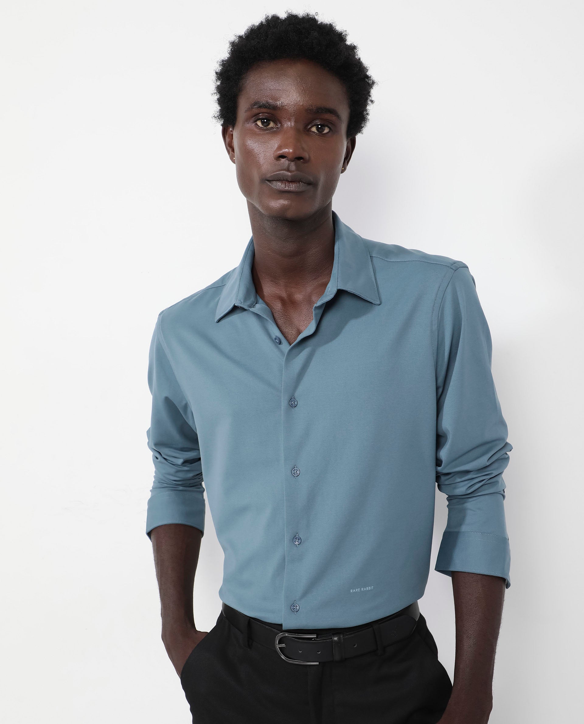 Rare Rabbit Men's Flyknit Dusky Teal Cotton Polyester Fabric Full Sleeves Knitted Solid Shirt