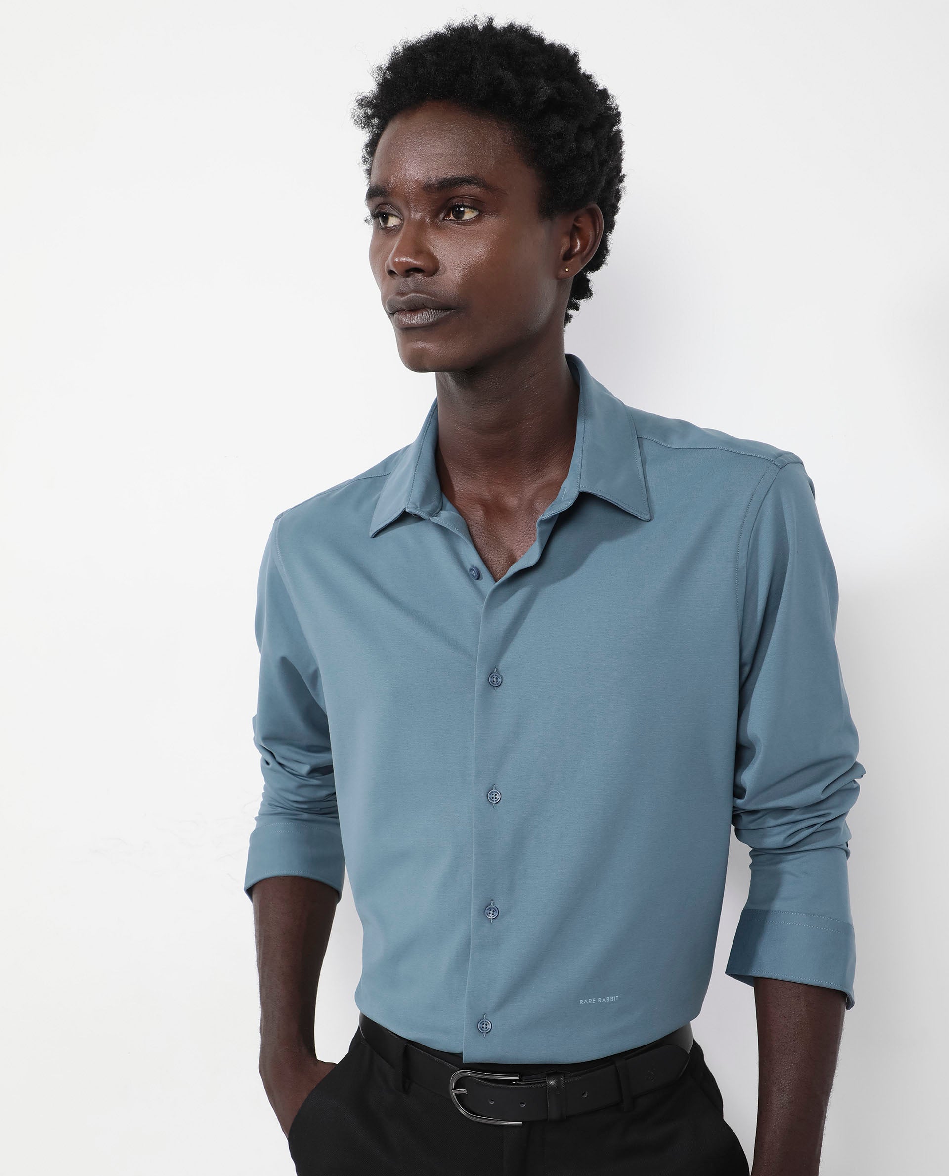 Rare Rabbit Men's Flyknit Dusky Teal Cotton Polyester Fabric Full Sleeves Knitted Solid Shirt