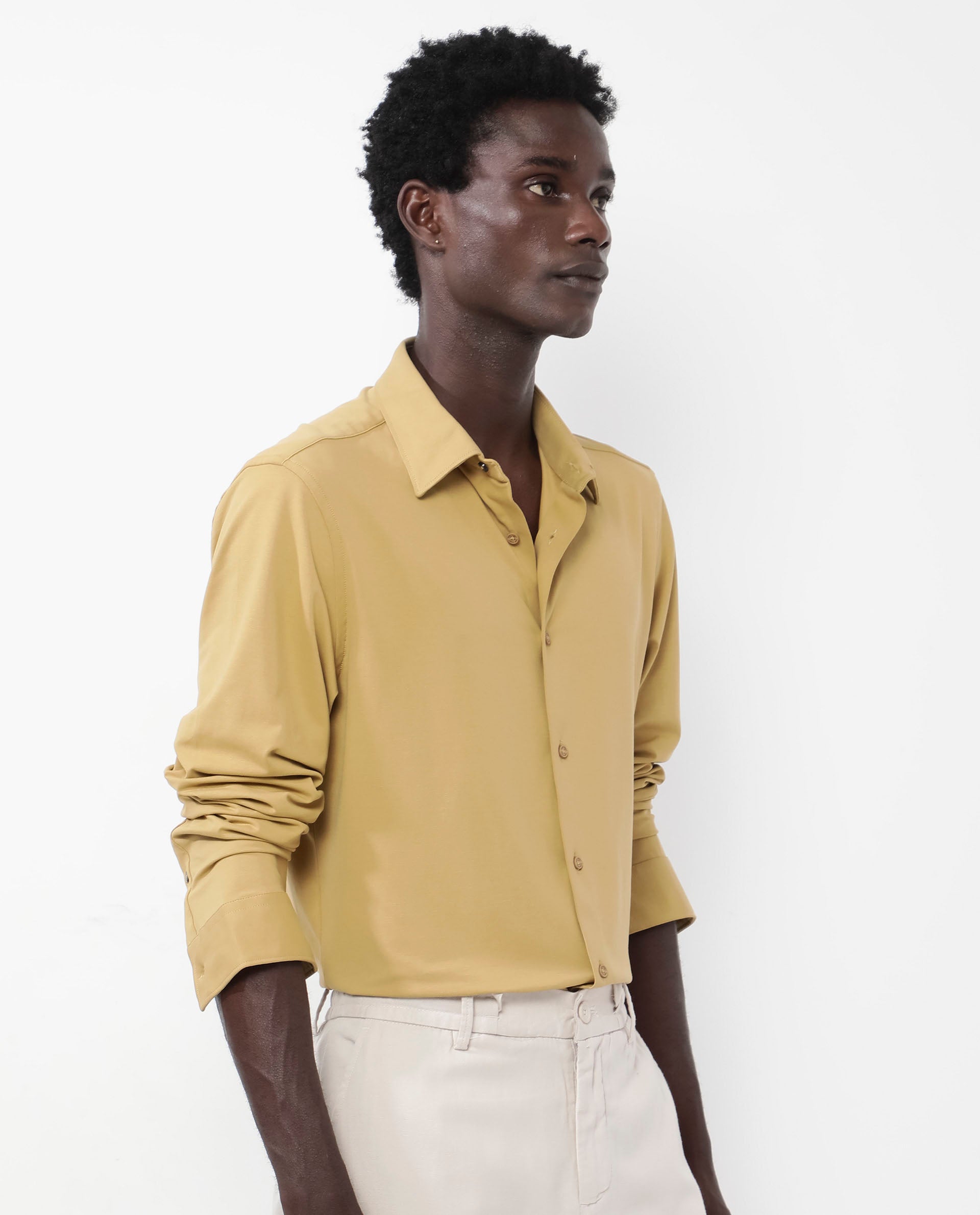 Rare Rabbit Men's Flyknit Mustard Cotton Polyester Fabric Full Sleeves Knitted Solid Shirt