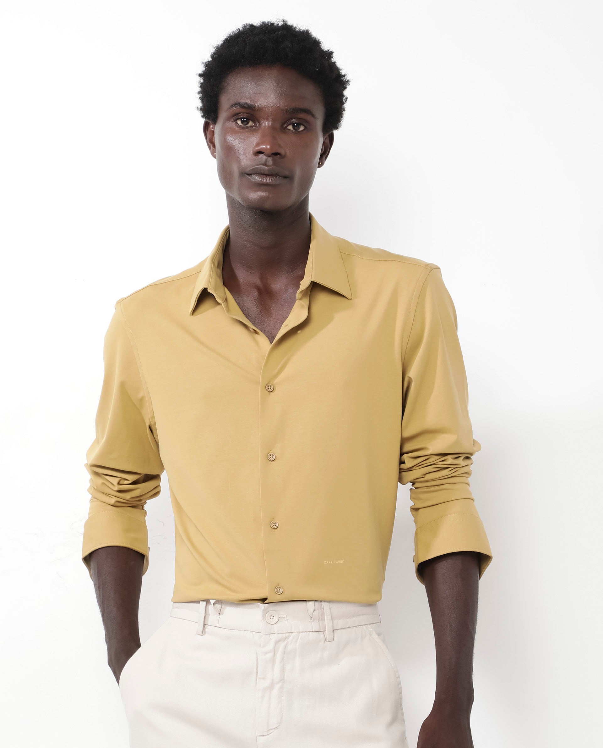 Rare Rabbit Men's Flyknit Mustard Cotton Polyester Fabric Full Sleeves Knitted Solid Shirt