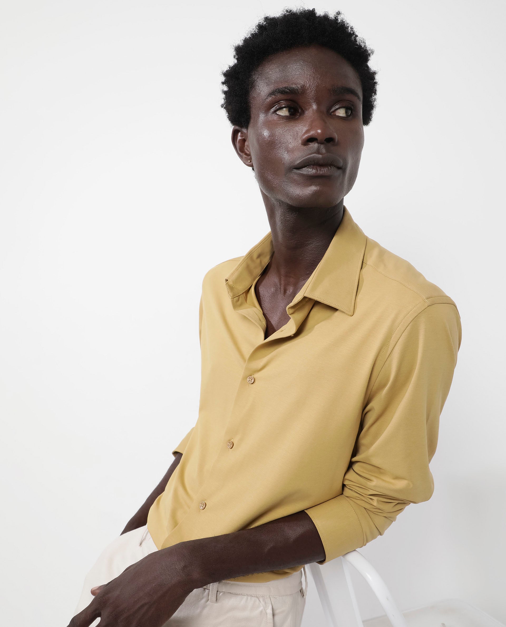 Rare Rabbit Men's Flyknit Mustard Cotton Polyester Fabric Full Sleeves Knitted Solid Shirt