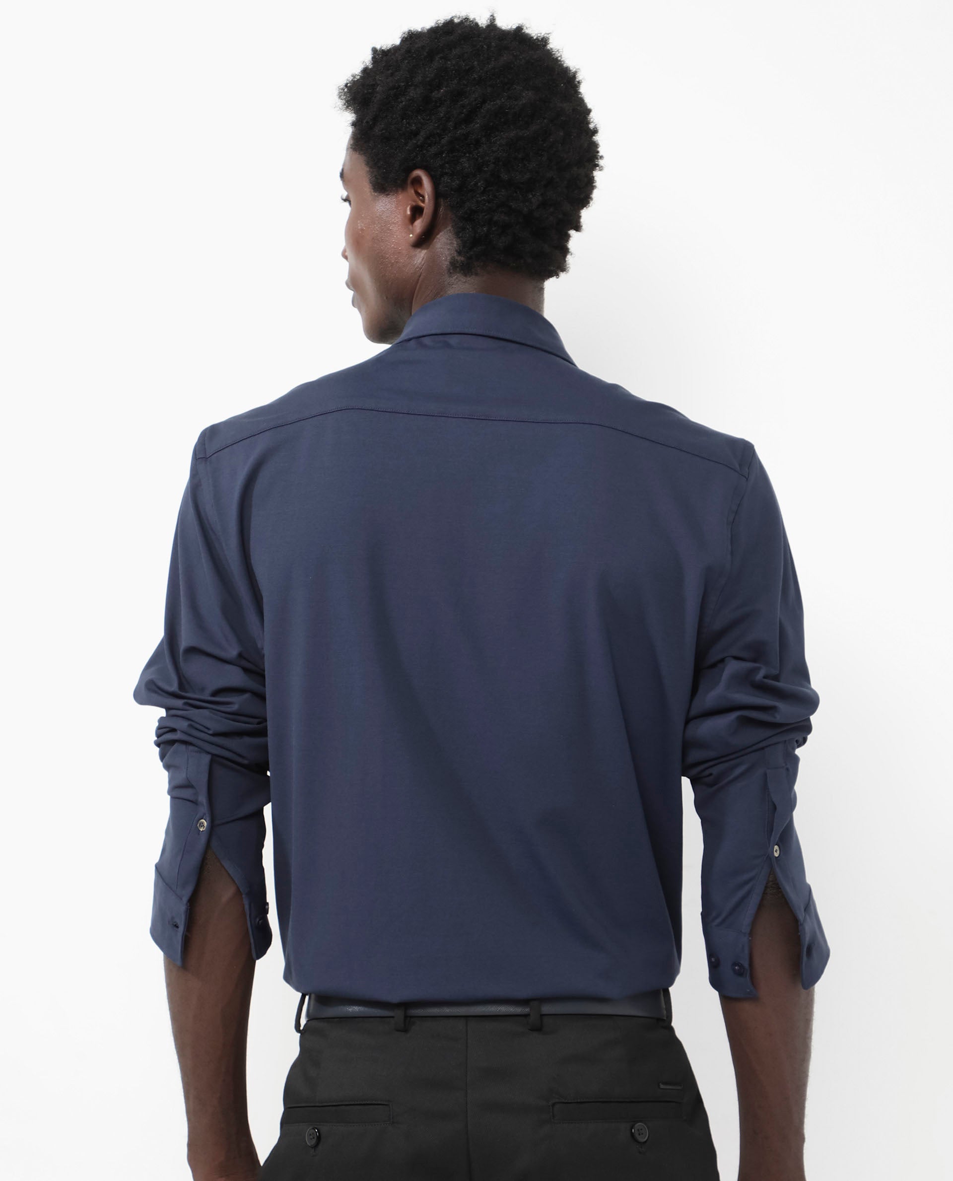 Rare Rabbit Men's Flyknit Navy Cotton Polyester Fabric Full Sleeves Knitted Solid Shirt