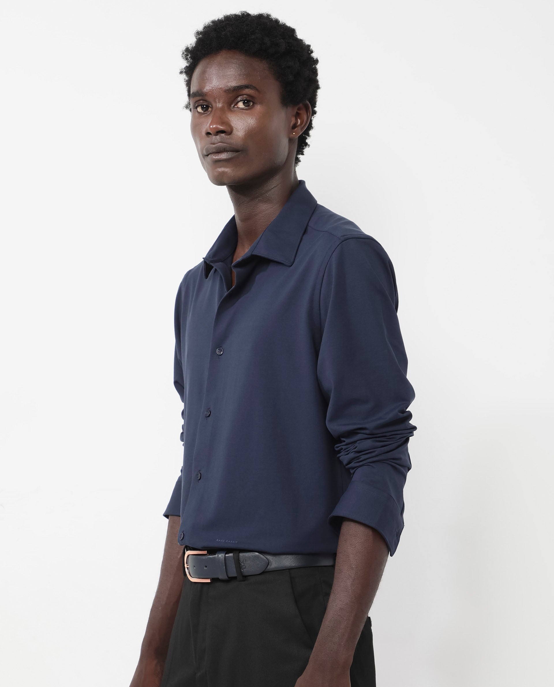 Rare Rabbit Men's Flyknit Navy Cotton Polyester Fabric Full Sleeves Knitted Solid Shirt