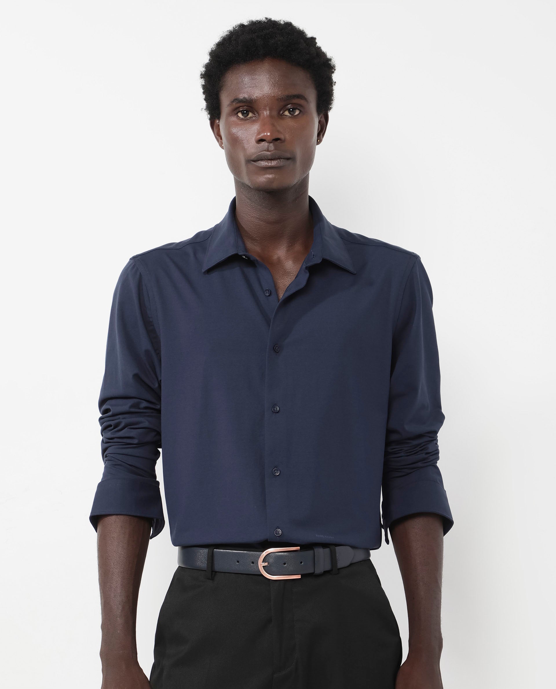 Rare Rabbit Men's Flyknit Navy Cotton Polyester Fabric Full Sleeves Knitted Solid Shirt