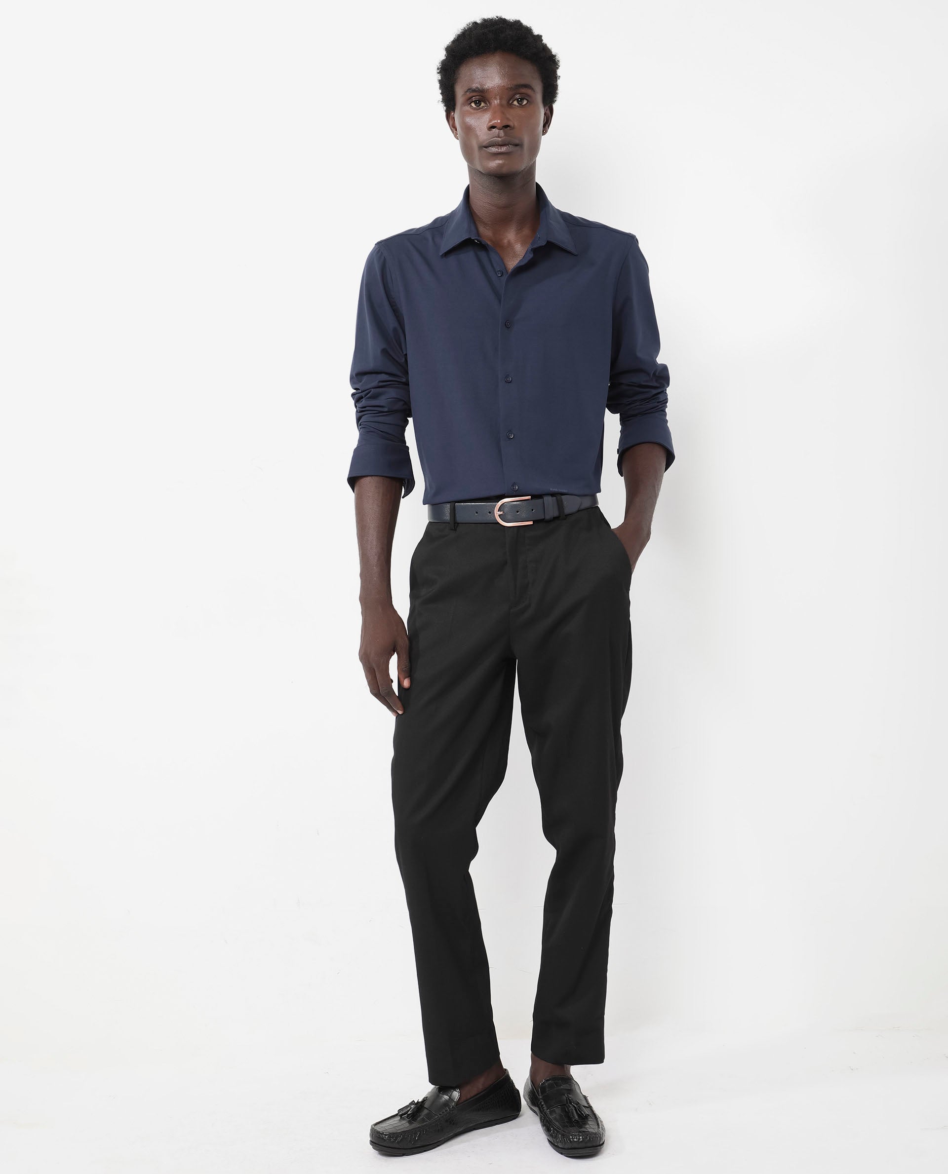 Rare Rabbit Men's Flyknit Navy Cotton Polyester Fabric Full Sleeves Knitted Solid Shirt