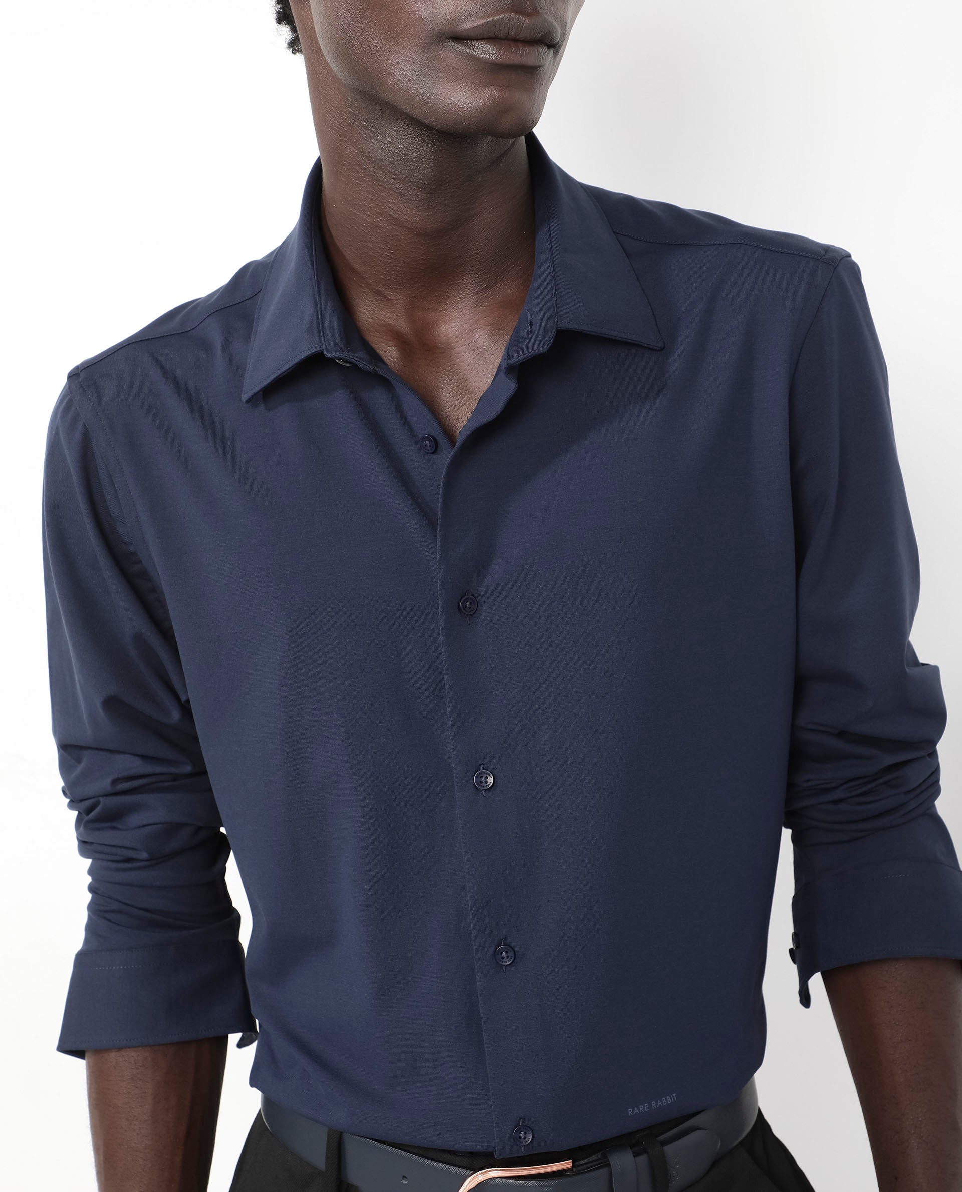 Rare Rabbit Men's Flyknit Navy Cotton Polyester Fabric Full Sleeves Knitted Solid Shirt