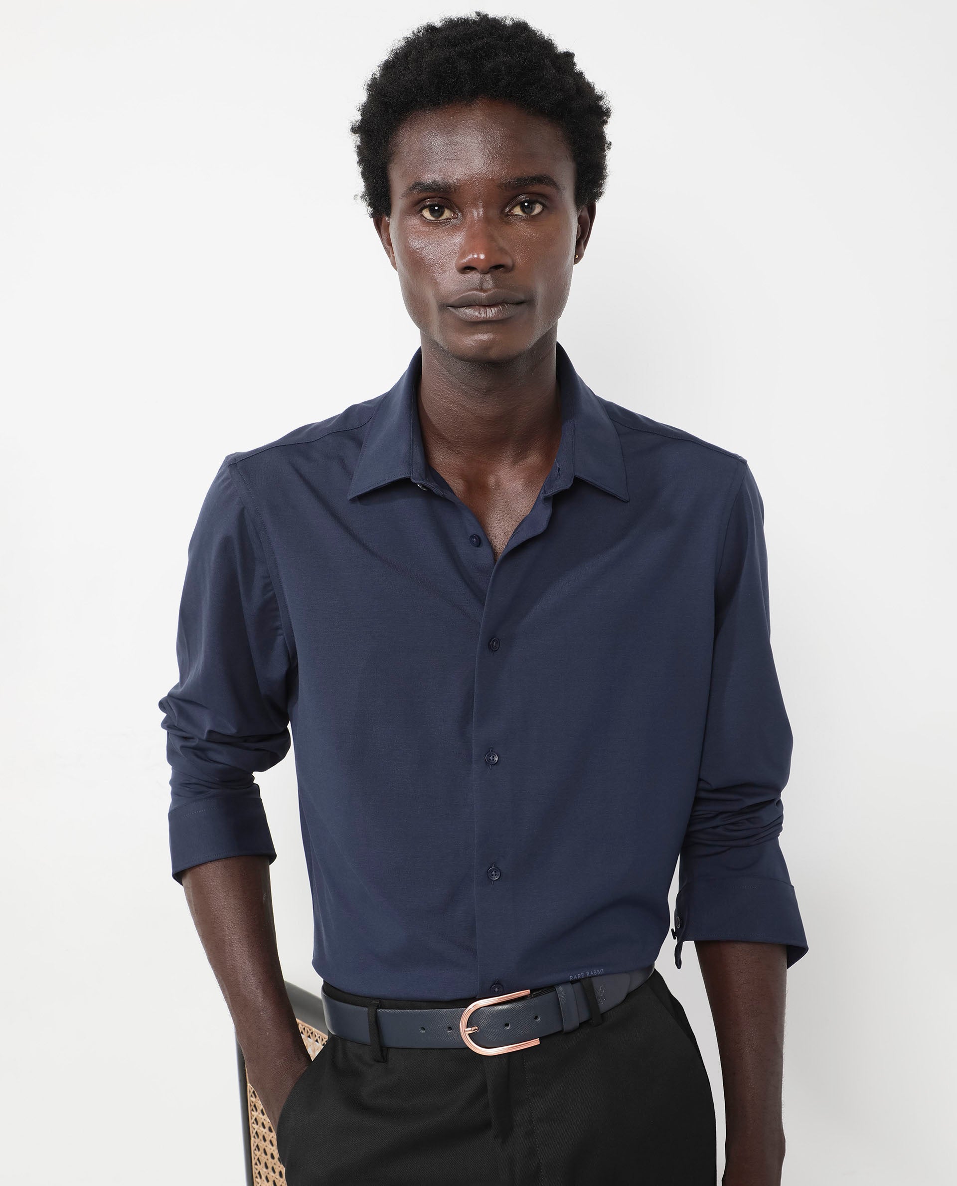 Rare Rabbit Men's Flyknit Navy Cotton Polyester Fabric Full Sleeves Knitted Solid Shirt