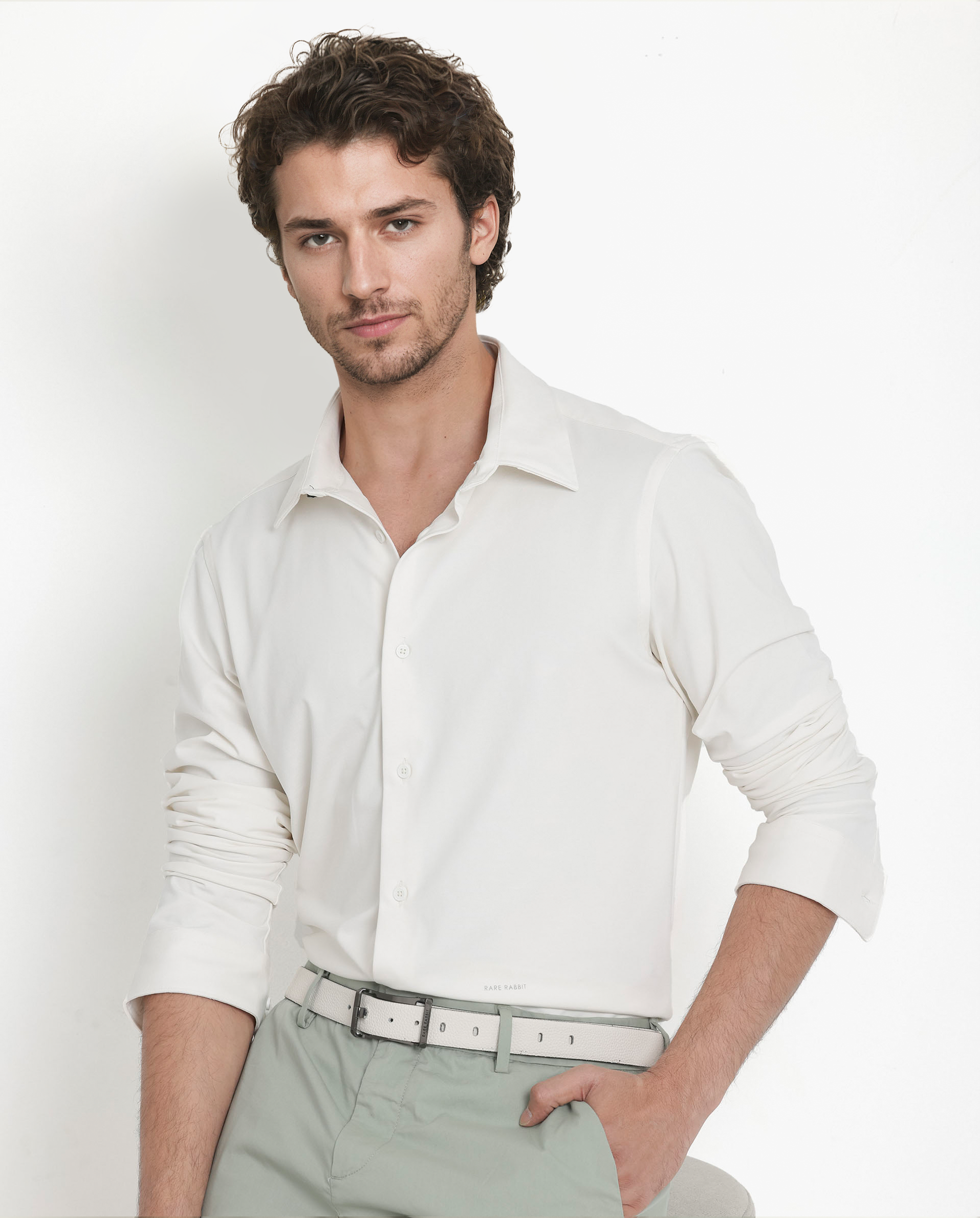 Rare Rabbit Men's Flyknit Off White Cotton Polyester Fabric Full Sleeves Knitted Solid Shirt