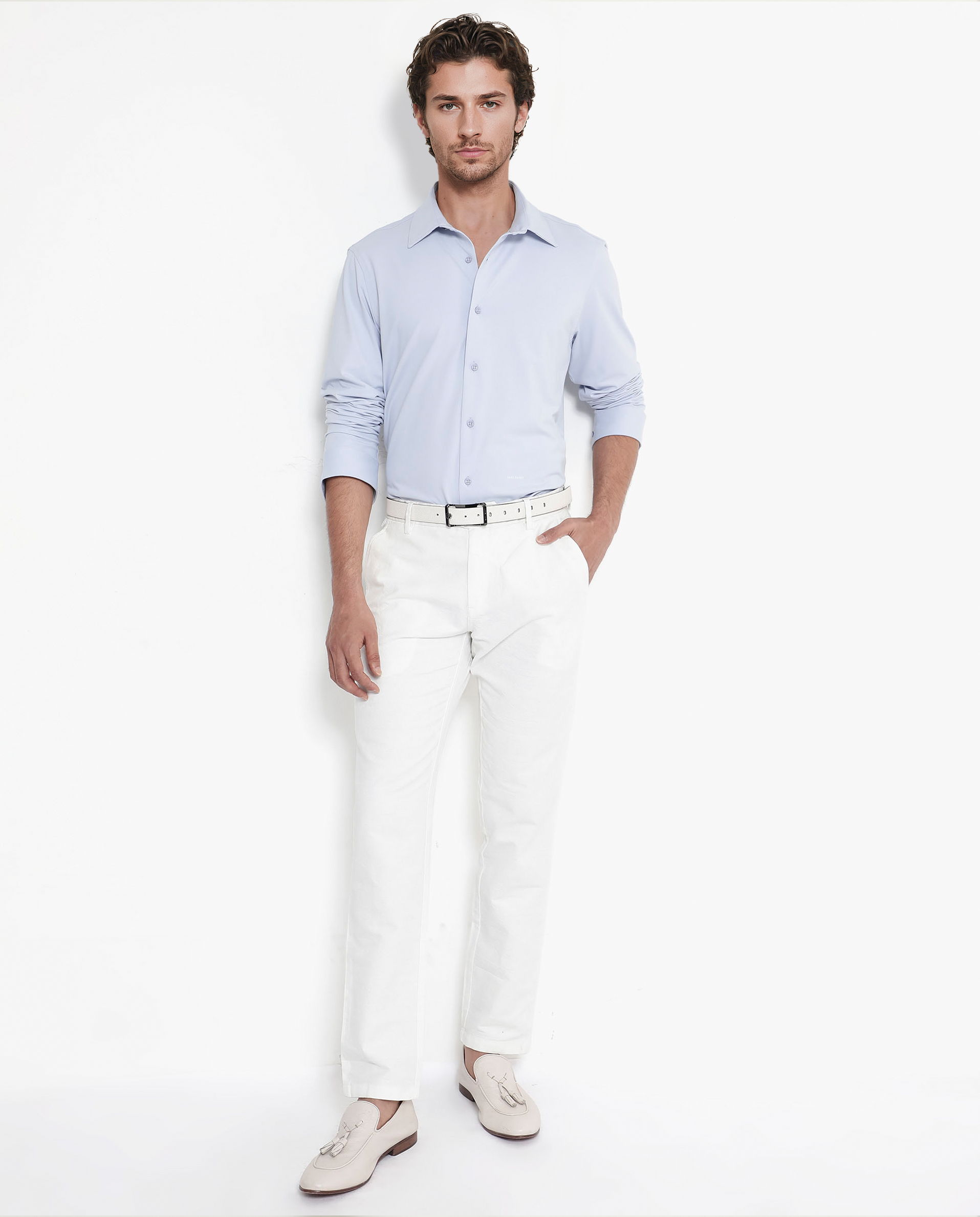 Rare Rabbit Men's Flyknit Pastel Blue Cotton Polyester Fabric Full Sleeves Knitted Solid Shirt