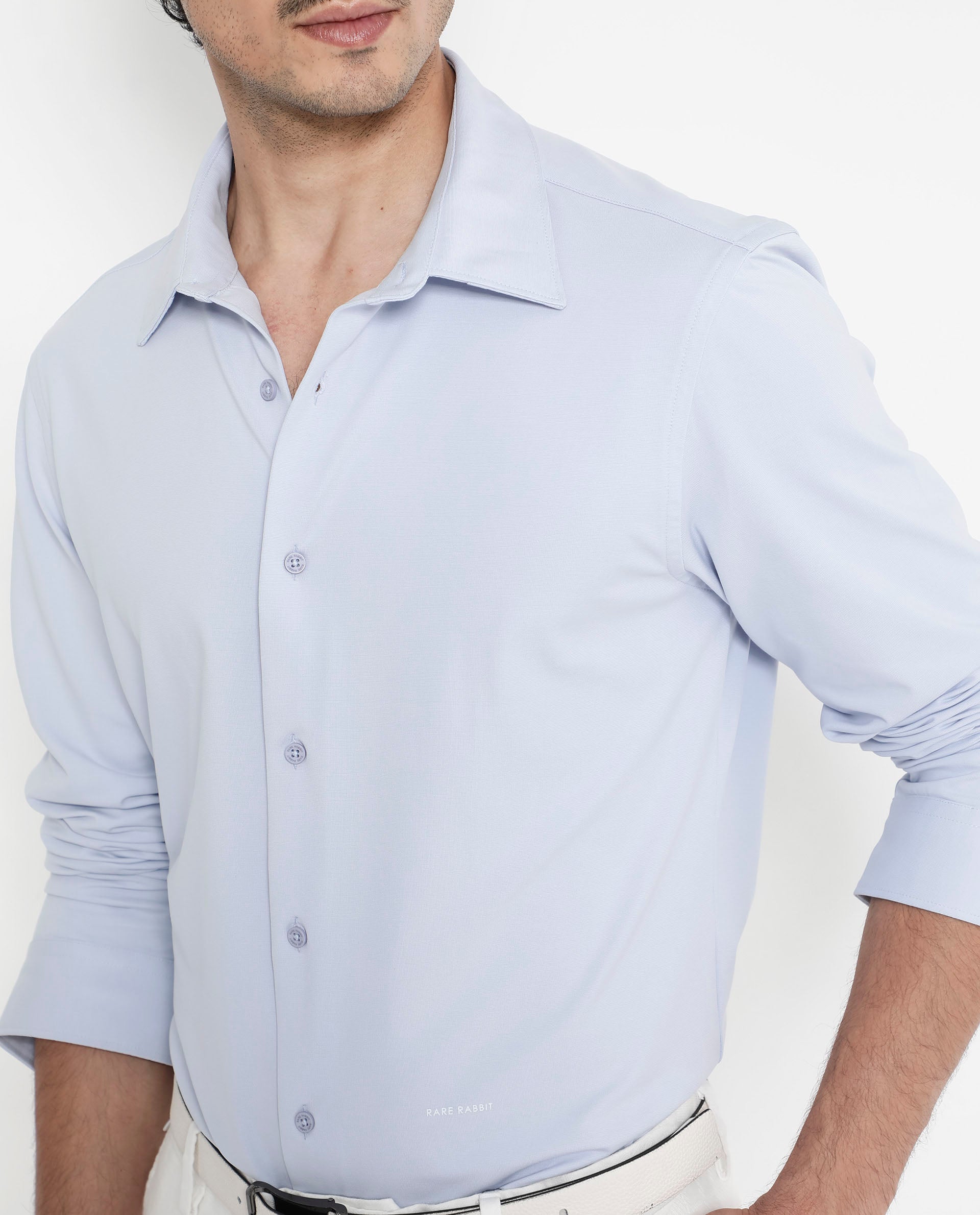 Rare Rabbit Men's Flyknit Pastel Blue Cotton Polyester Fabric Full Sleeves Knitted Solid Shirt