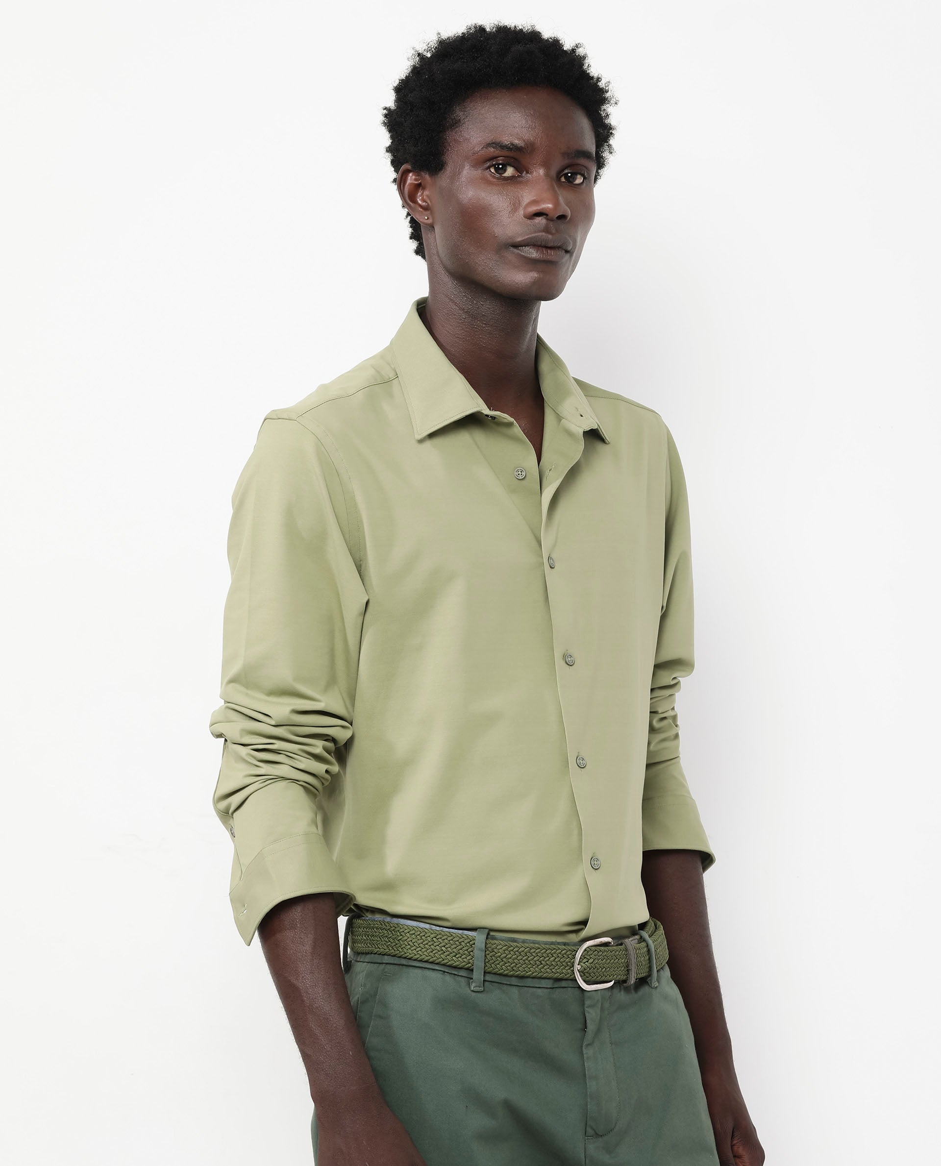 Rare Rabbit Men's Flyknit Pastel Green Cotton Polyester Fabric Full Sleeves Knitted Solid Shirt