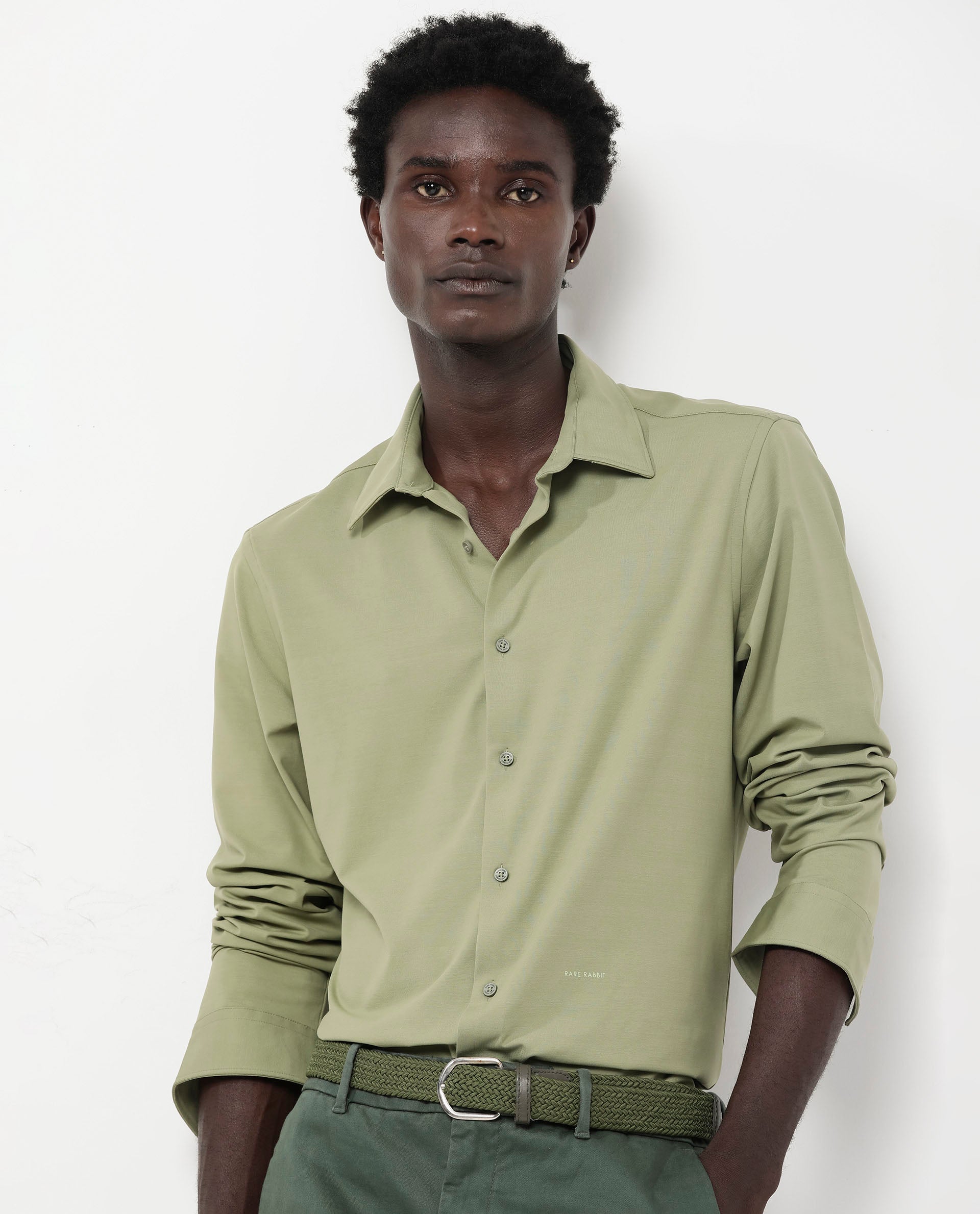 Rare Rabbit Men's Flyknit Pastel Green Cotton Polyester Fabric Full Sleeves Knitted Solid Shirt