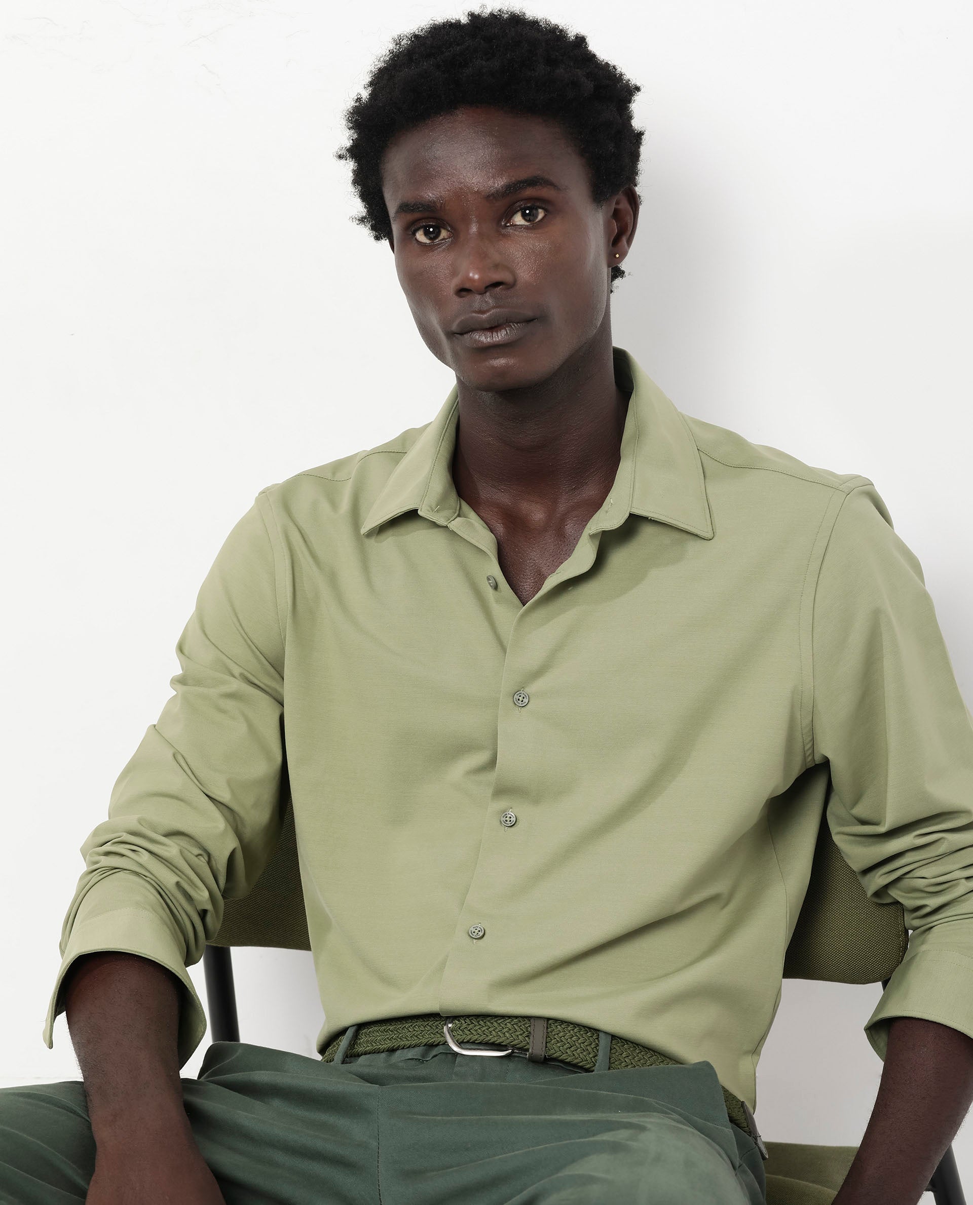 Rare Rabbit Men's Flyknit Pastel Green Cotton Polyester Fabric Full Sleeves Knitted Solid Shirt