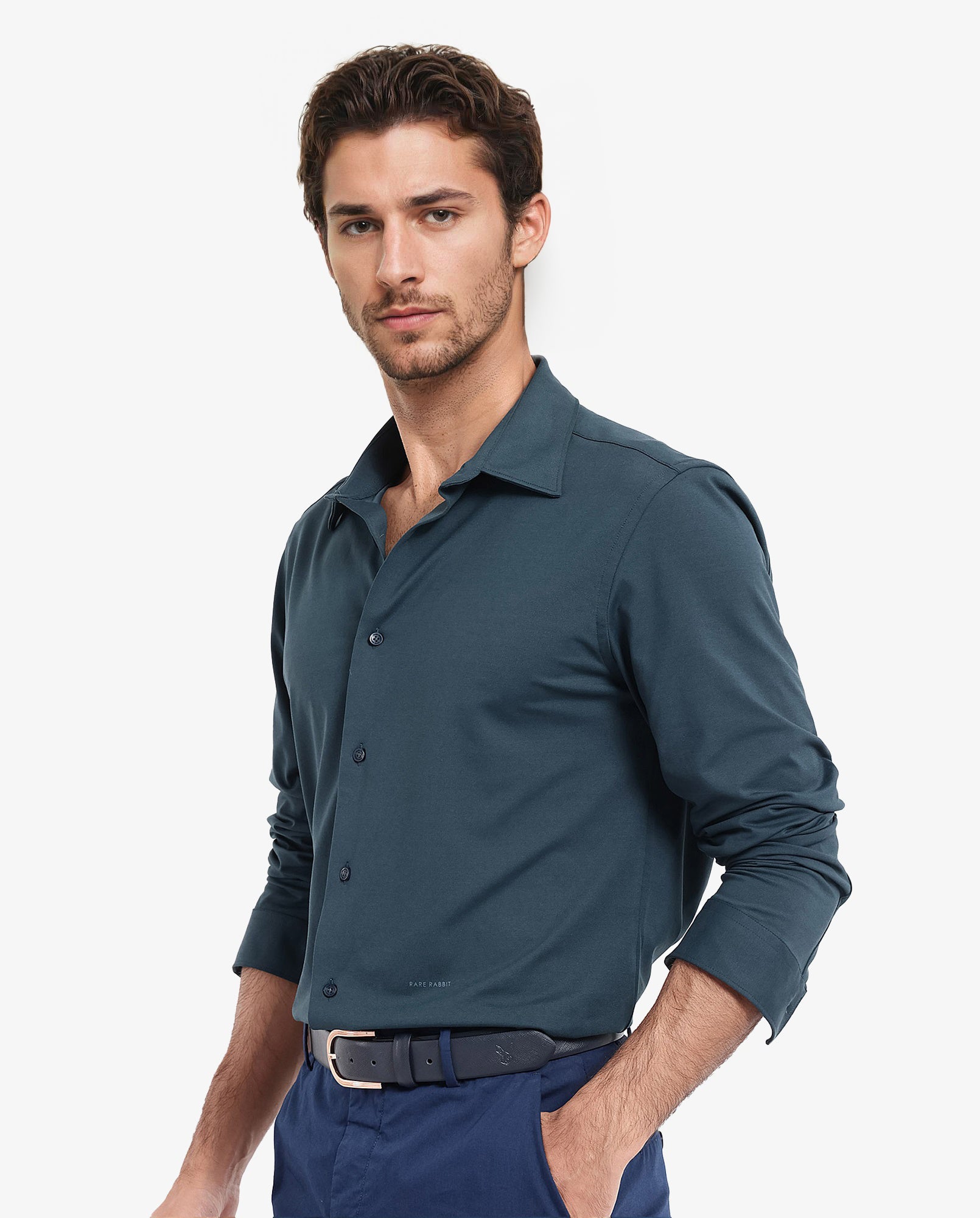 Rare Rabbit Men's Flyknit Teal Cotton Polyester Fabric Full Sleeves Knitted Solid Shirt