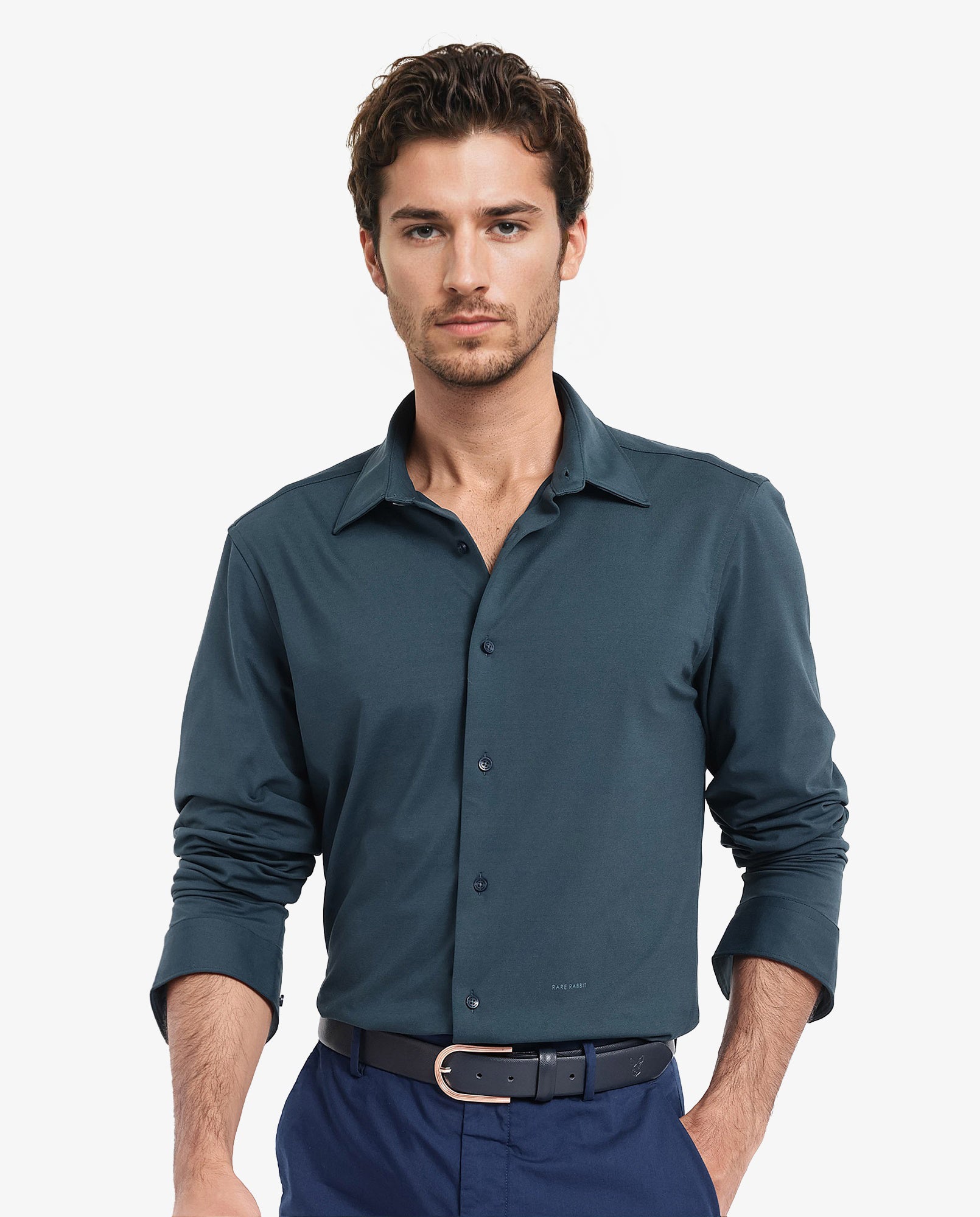 Rare Rabbit Men's Flyknit Teal Cotton Polyester Fabric Full Sleeves Knitted Solid Shirt