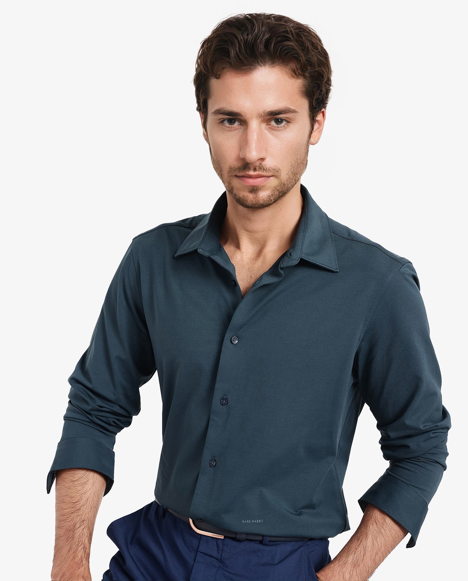 Rare Rabbit Men's Flyknit Teal Cotton Polyester Fabric Full Sleeves Knitted Solid Shirt