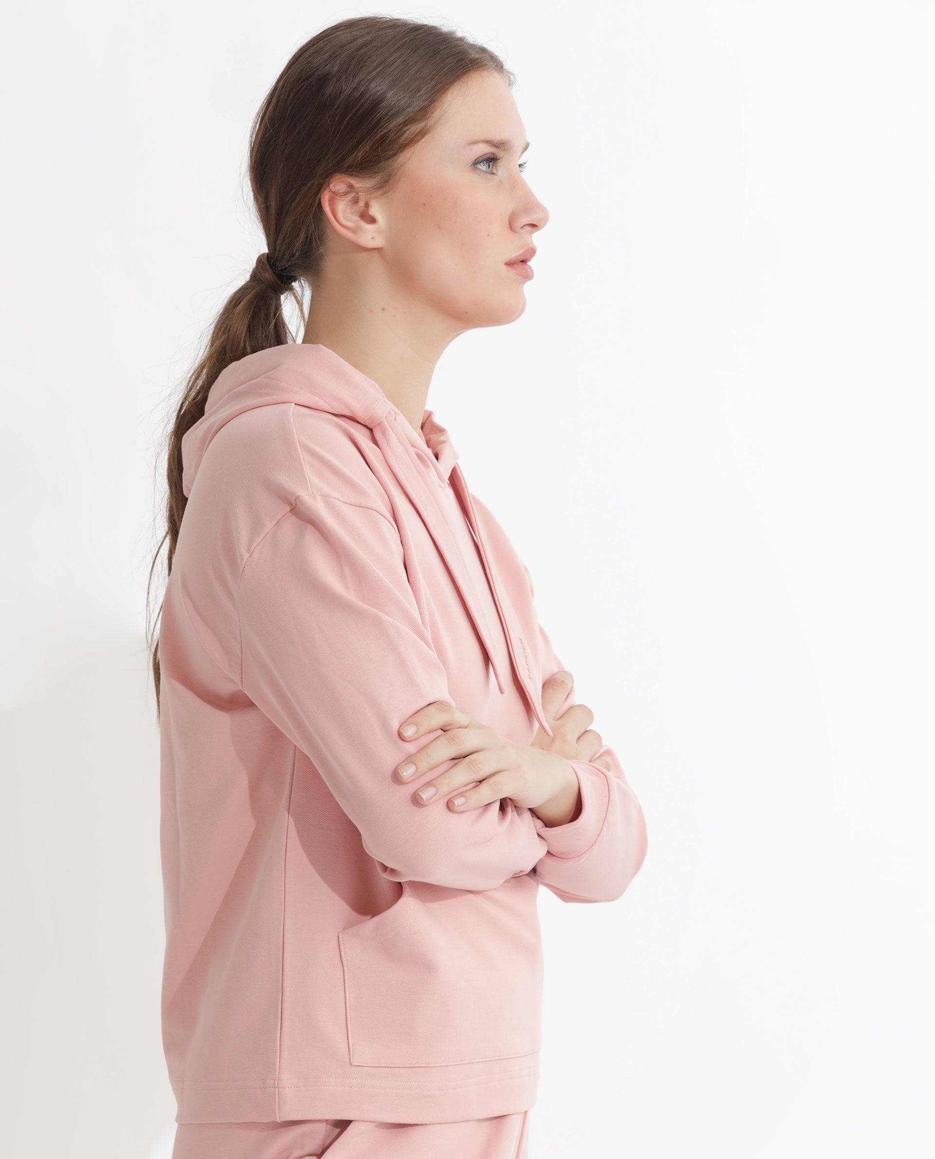 Rareism Women Flynn Light Orange Cotton Lycra Fabric Regular Fit Full Sleeves Solid Hooded Sweatshirt