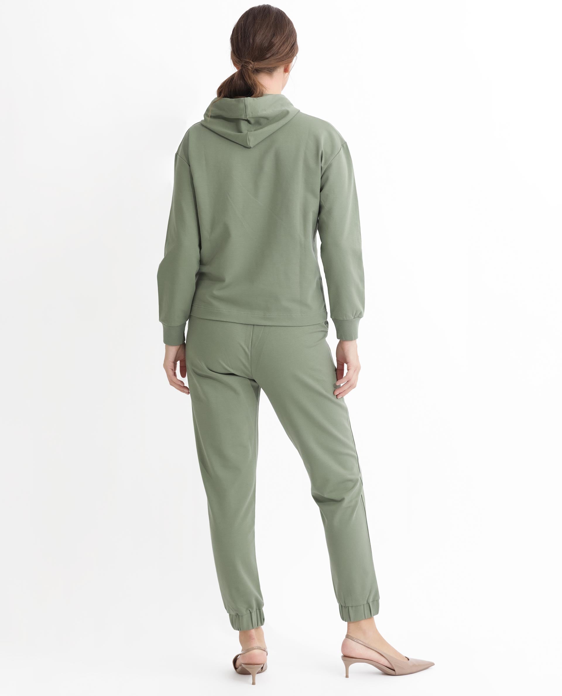 Rareism Women Flynn Dusky Green Cotton Lycra Fabric Regular Fit Full Sleeves Solid Hooded Sweatshirt