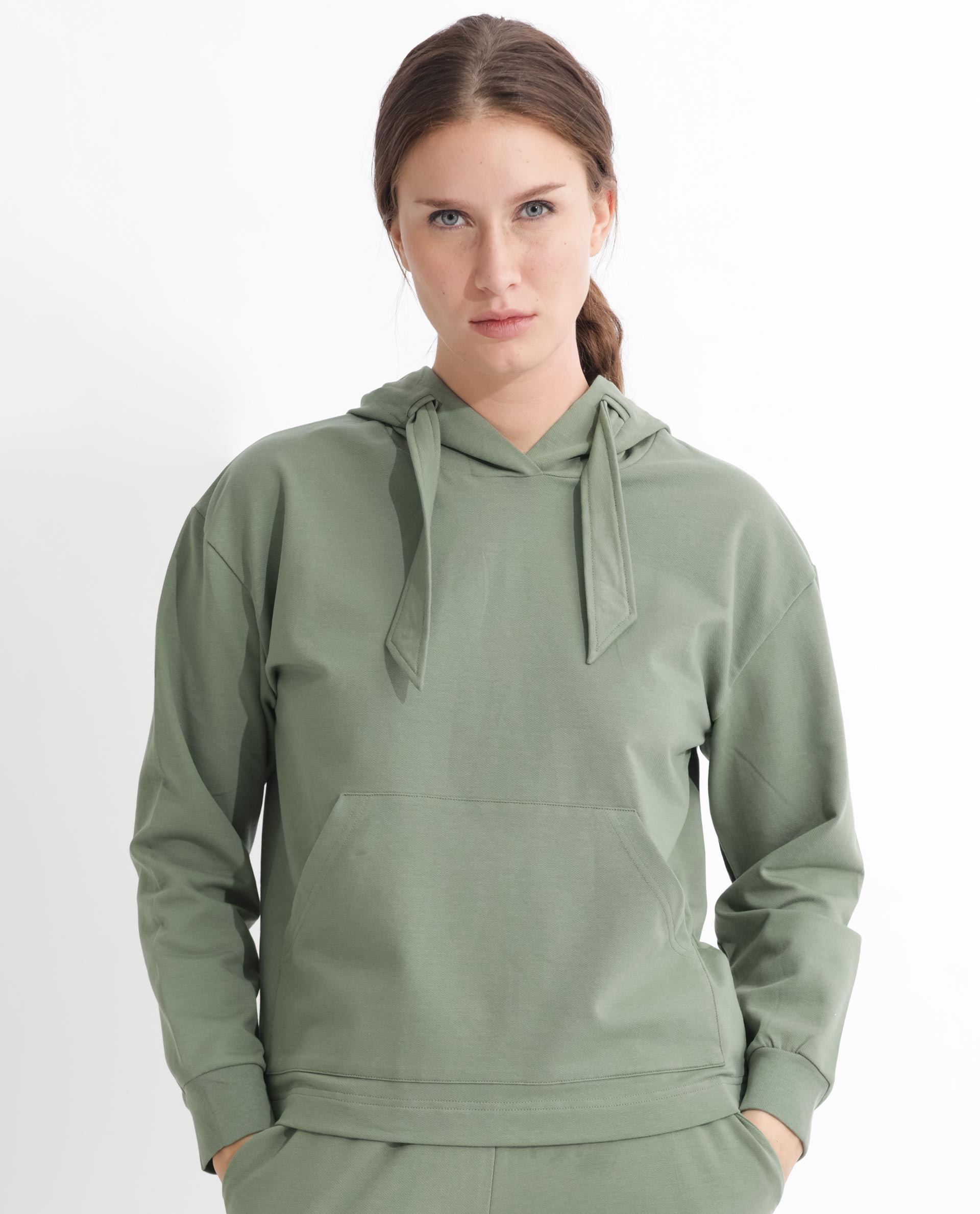 Rareism Women Flynn Dusky Green Cotton Lycra Fabric Regular Fit Full Sleeves Solid Hooded Sweatshirt