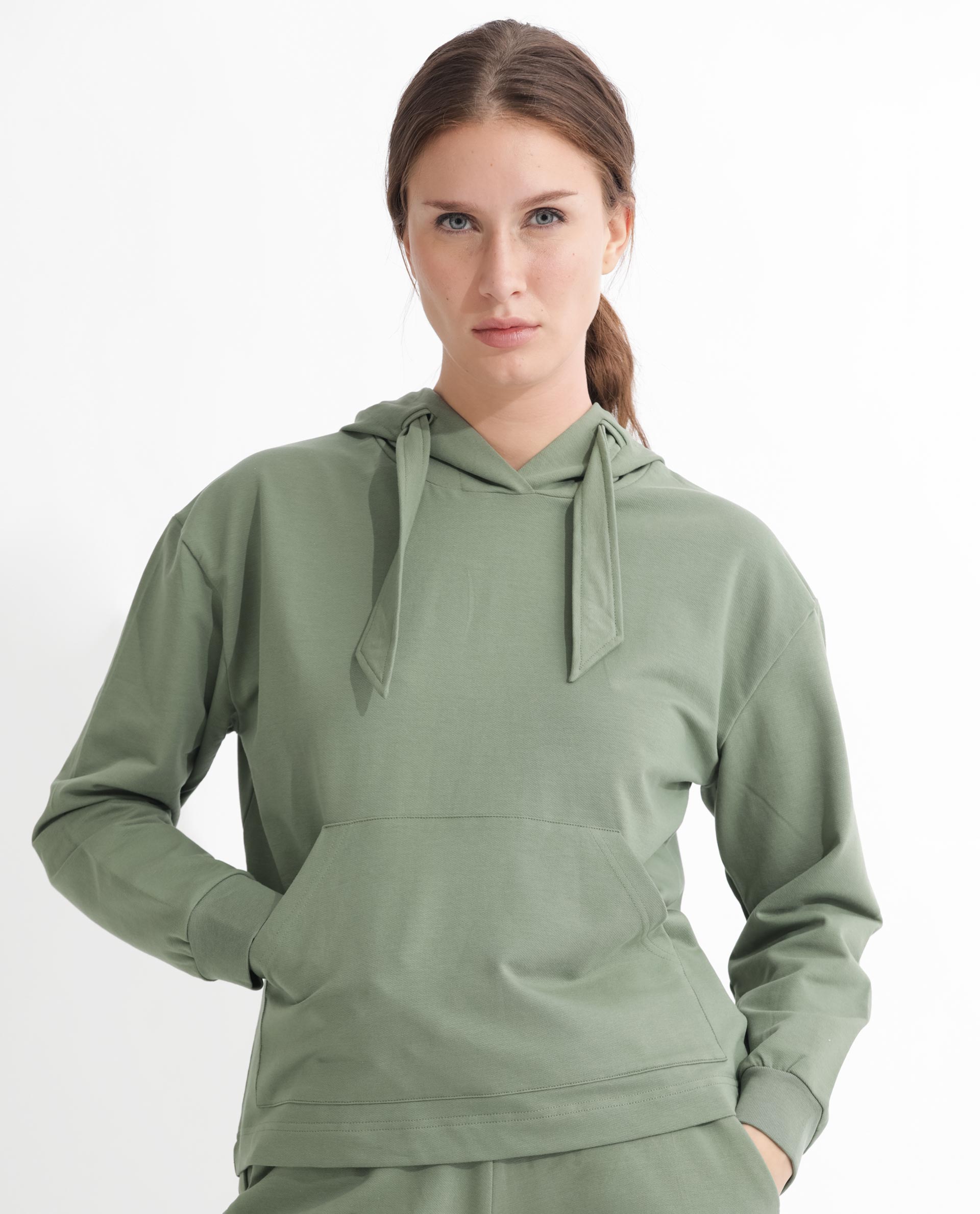 Rareism Women Flynn Dusky Green Cotton Lycra Fabric Regular Fit Full Sleeves Solid Hooded Sweatshirt