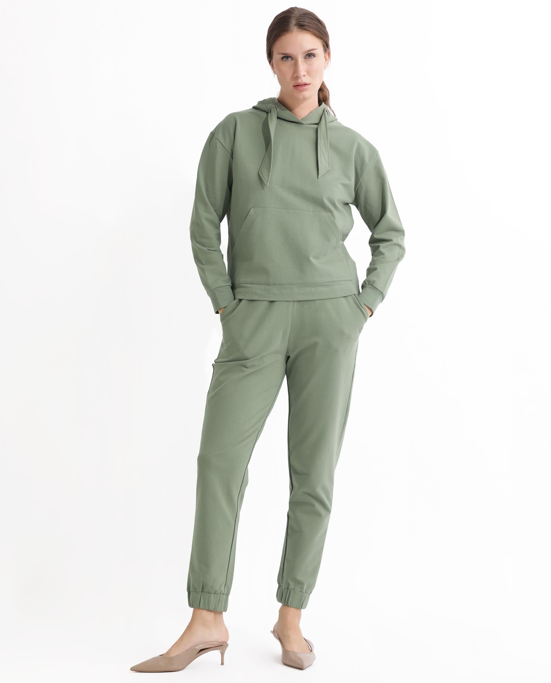 Rareism Women Flynn Dusky Green Cotton Lycra Fabric Regular Fit Full Sleeves Solid Hooded Sweatshirt