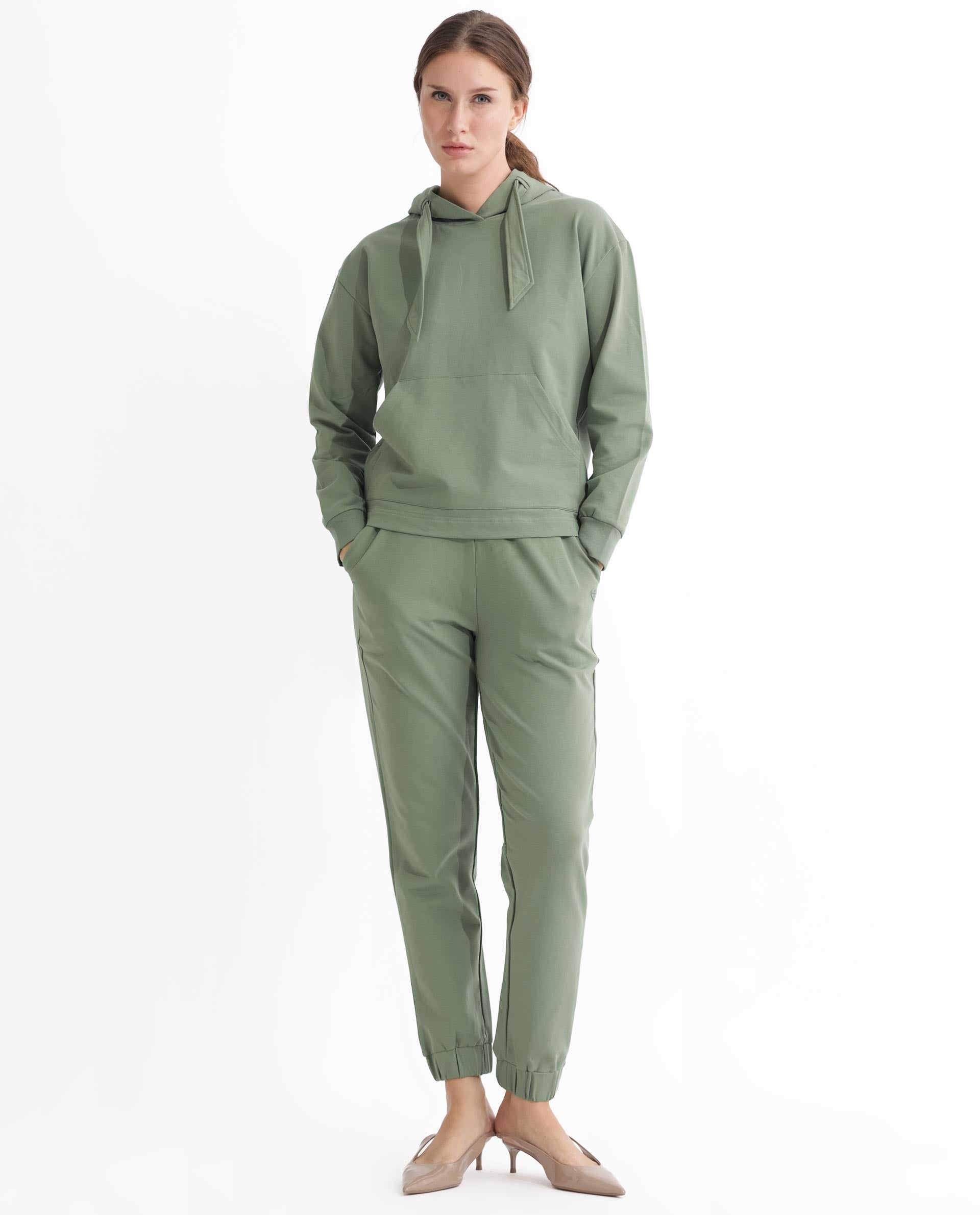 Rareism Women Flynn Dusky Green Cotton Lycra Fabric Regular Fit Full Sleeves Solid Hooded Sweatshirt