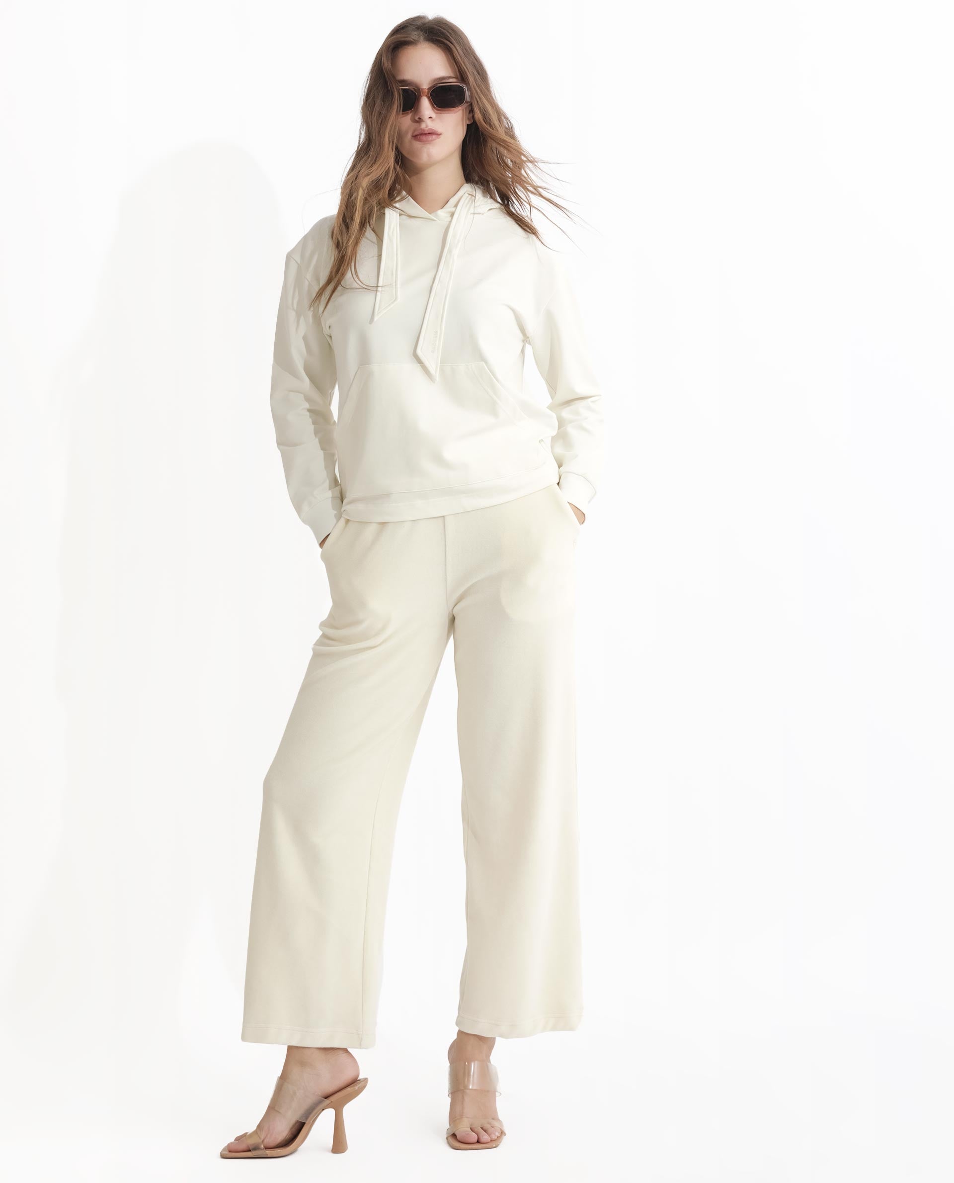 Rareism Women Flynn Off White Cotton Lycra Fabric Regular Fit Full Sleeves Solid Hooded Sweatshirt