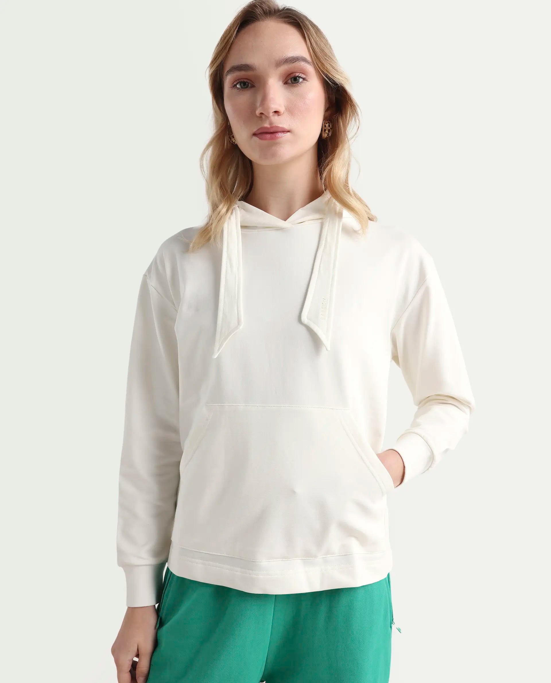 Rareism Women's Flynn Off White Cotton Blend Hooded Plain Regular Fit Sweatshirt