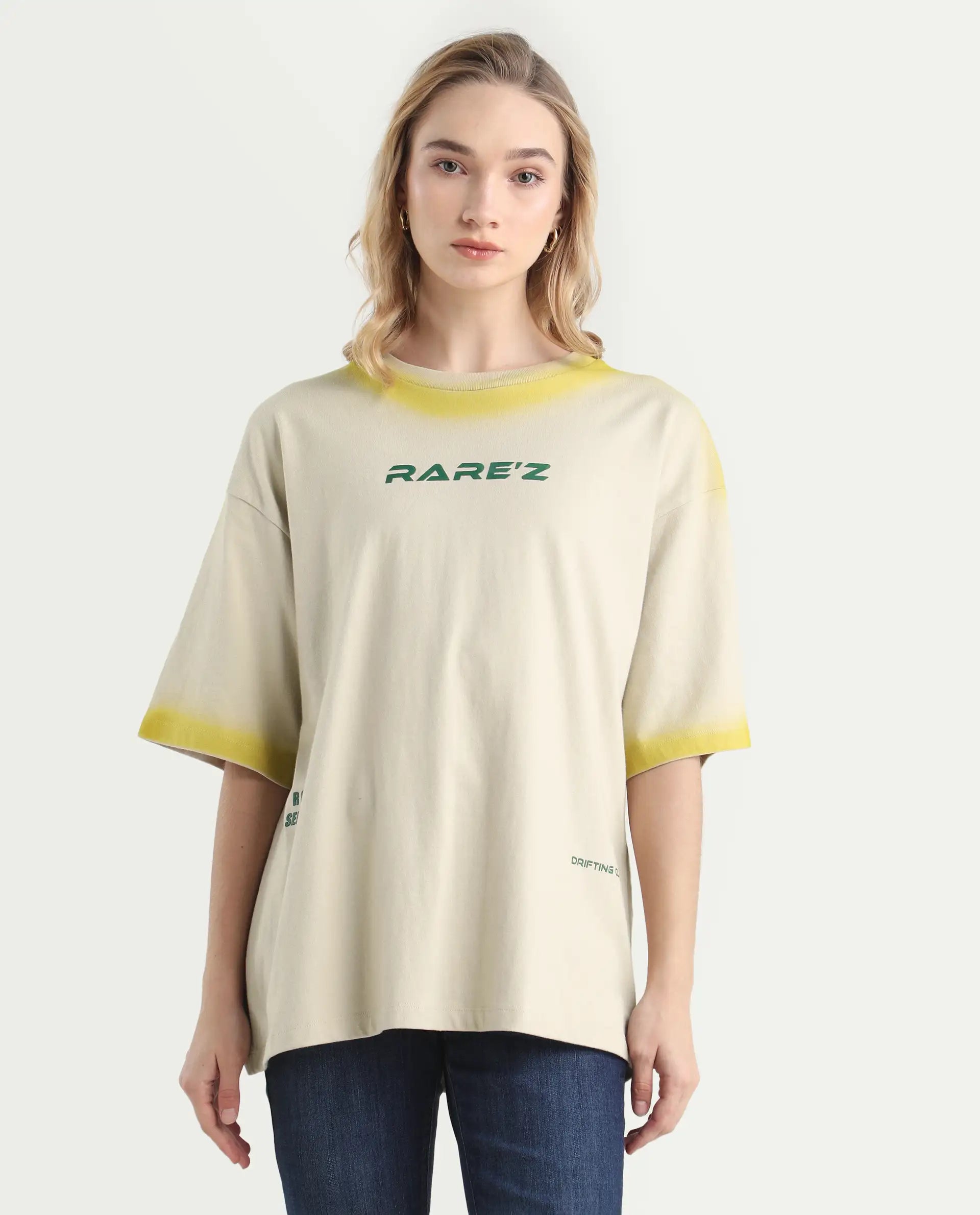 Rareism Women's Foakoe Beige Cotton Graphic Print Oversized T-Shirt